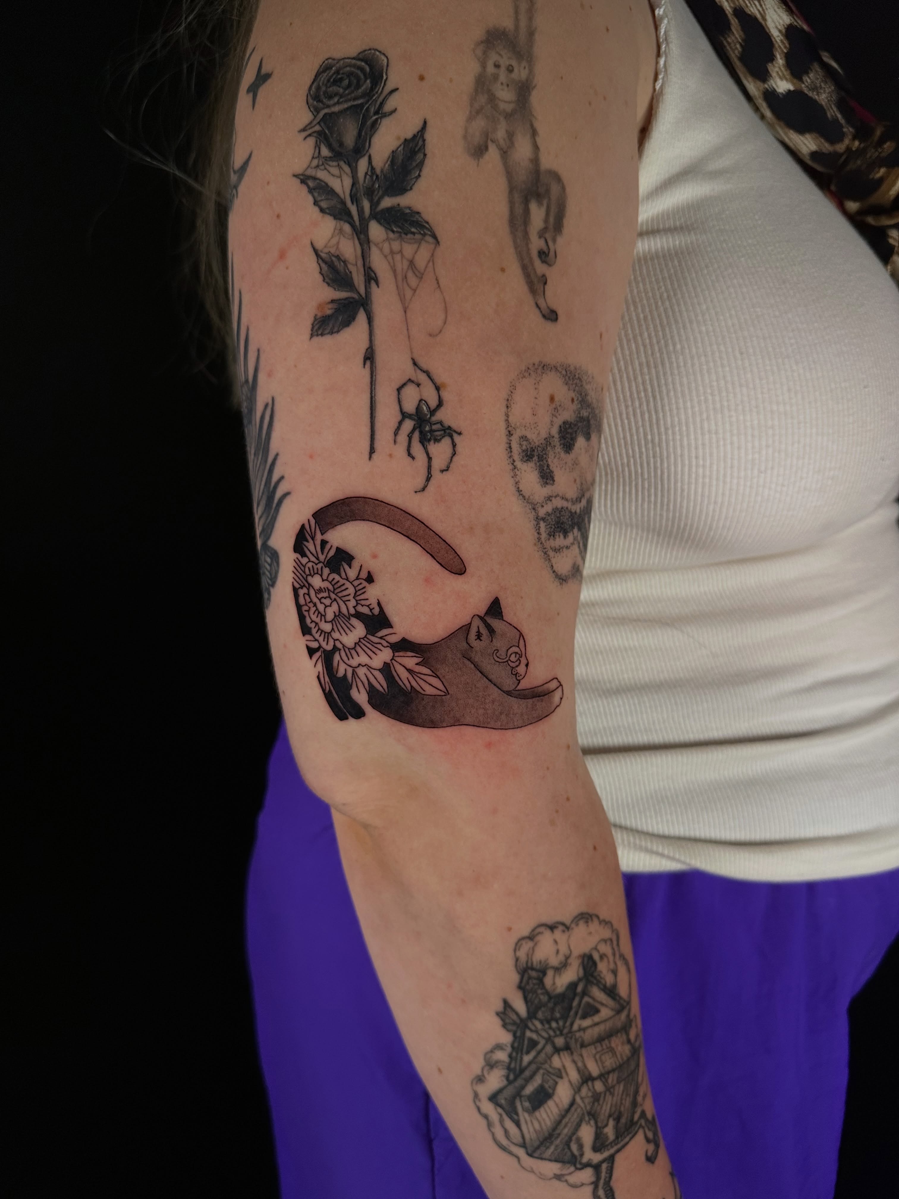 Cat and crescent moon black and grey tattoo on the forearm by Cherry Tats🍒
