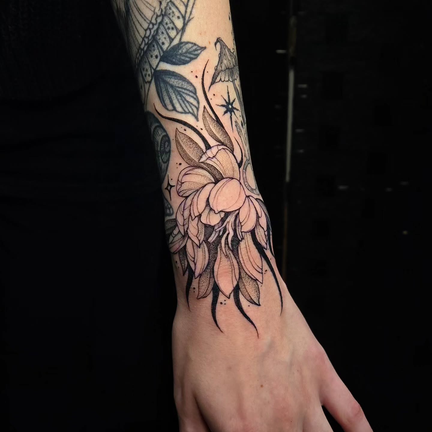 Tattoo by @glasswingtattoo — dotwork, black_and_grey