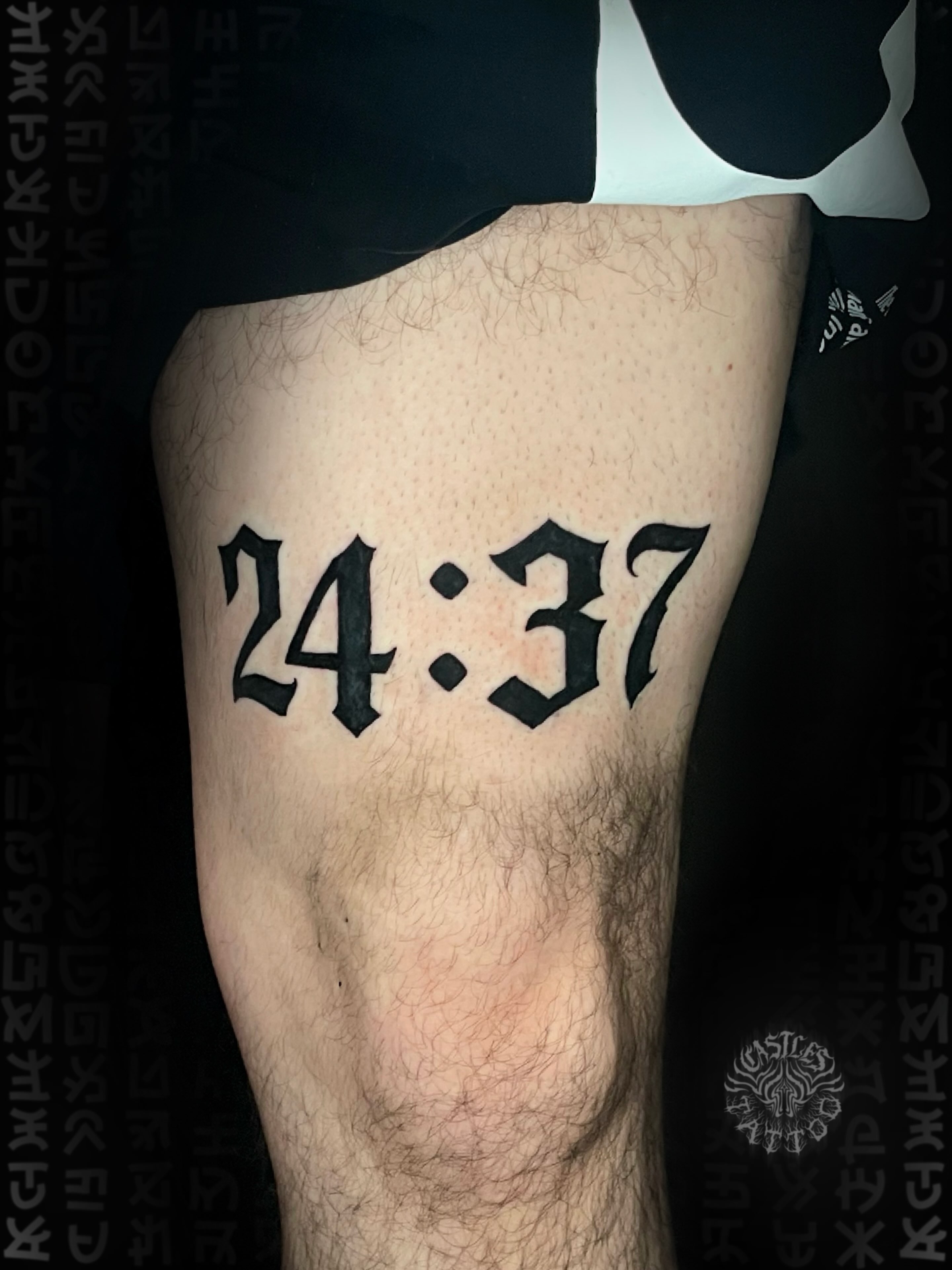 Numbers black and grey tattoo on the leg by Erin Portland Tattoo Artist