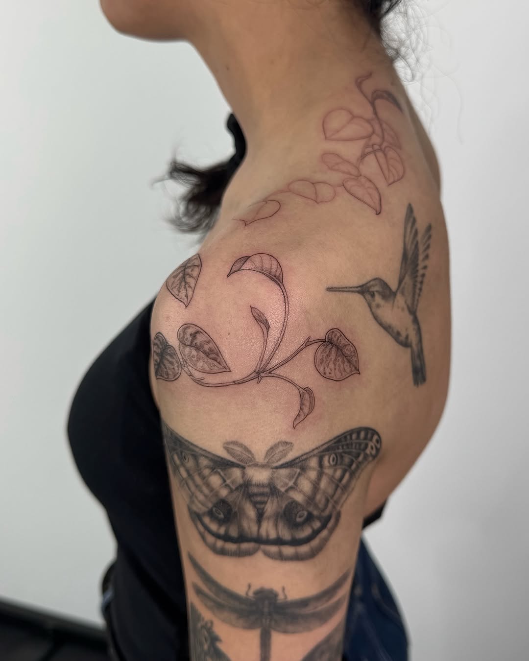 Hummingbird and butterfly black and grey tattoo on the shoulder by Lea Burkard, Berkeley, California