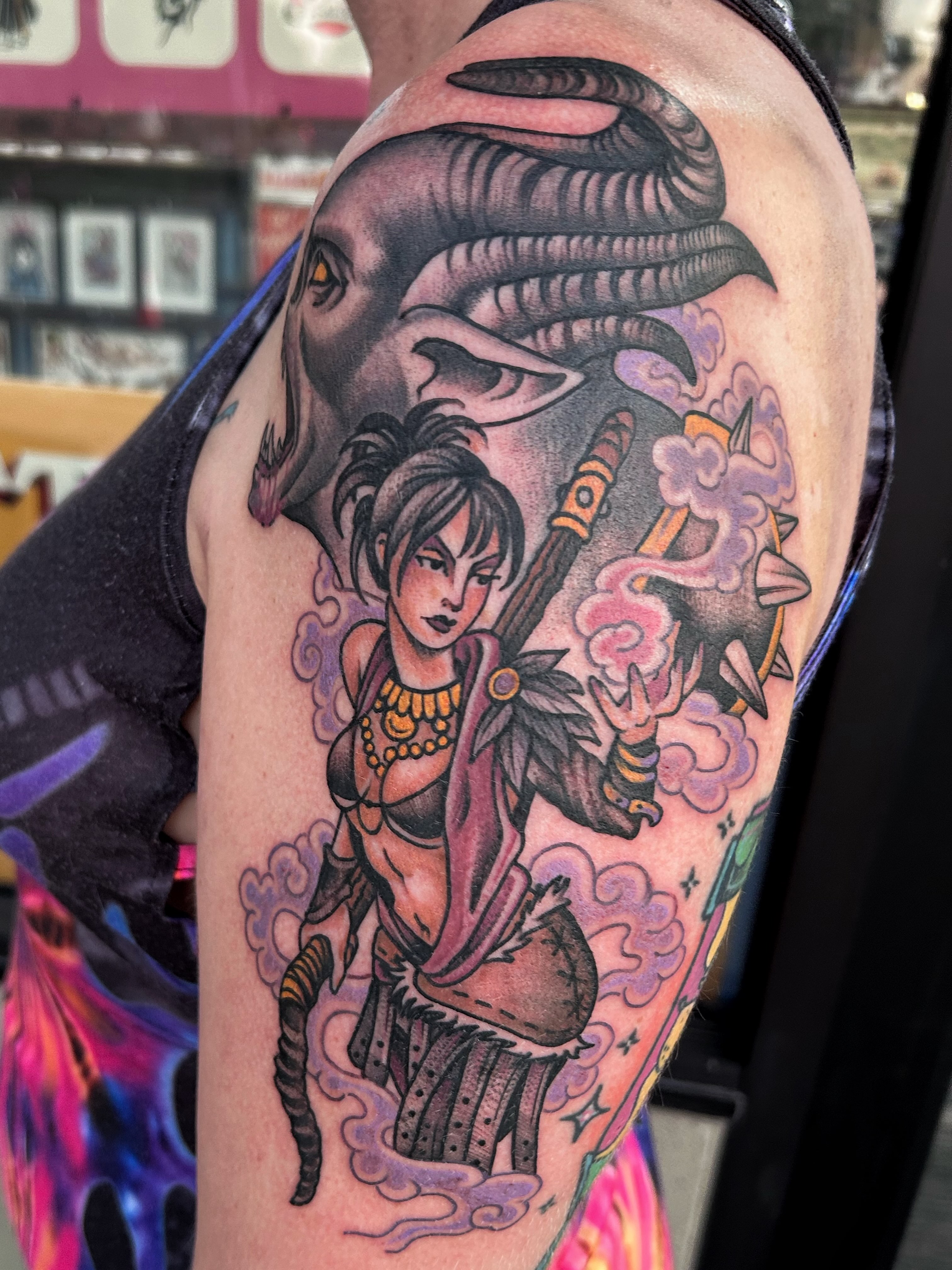 Demon warrior woman anime tattoo on the upper arm by Jade McKenzie, Temecula, California