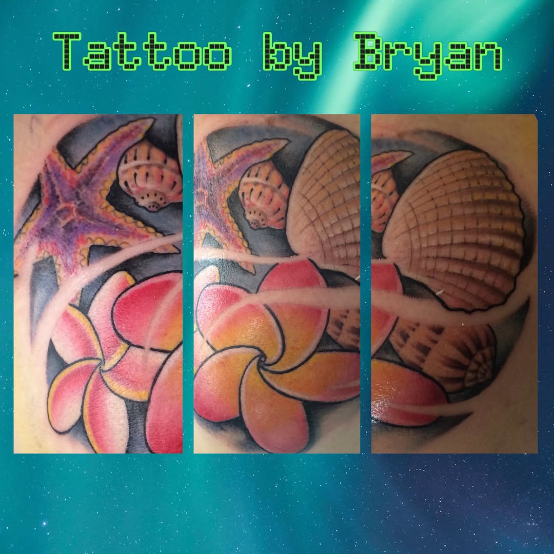 Plumeria and shells American traditional tattoo on the forearm by Bryan Hunt