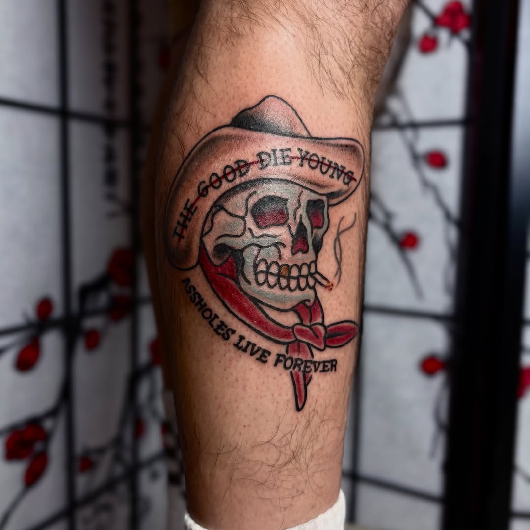 Skull with cigarette American traditional tattoo on the forearm by ππ©π’π΅ππ«π‘π―π ππ¬π«π’π°