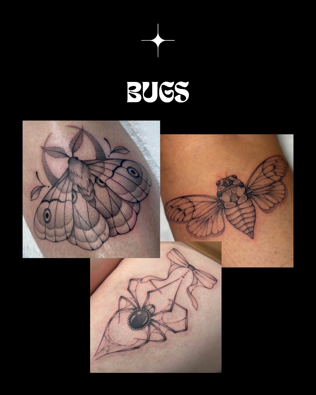 Moths and spider geometric tattoo on the forearm by Victoria Lamorte