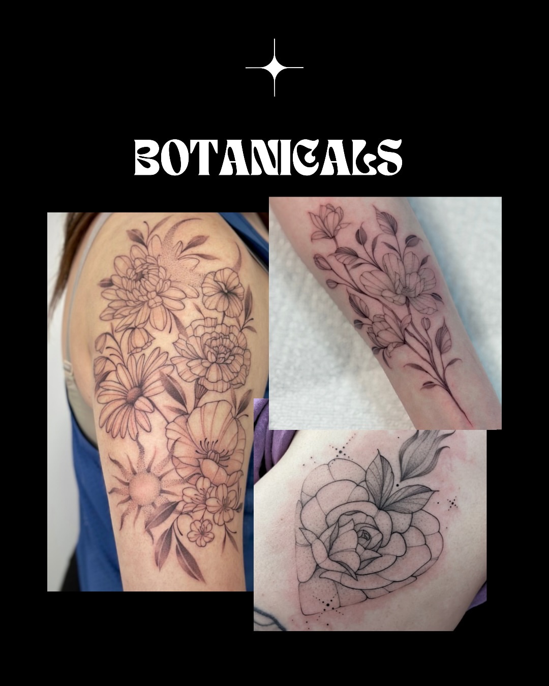 Botanicals black and grey tattoo on the upper arm by Victoria Lamorte