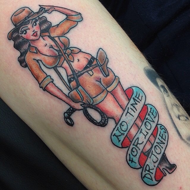 Cowgirl and pig American traditional tattoo on the forearm by 🗿🌴TᗩᕼITI GIᒪ✨🏰