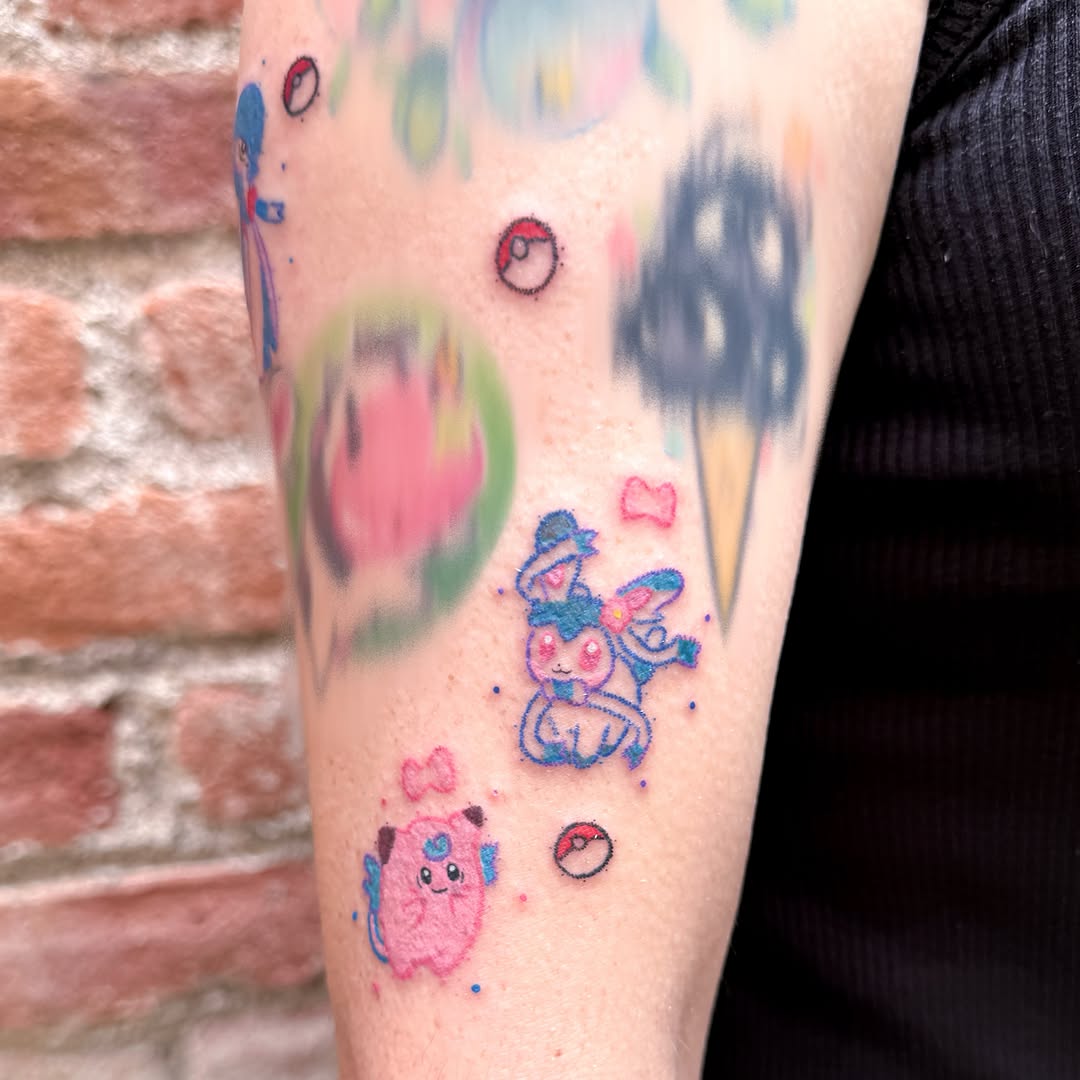 Pokemon characters dotwork tattoo on the forearm by Yez tattoo