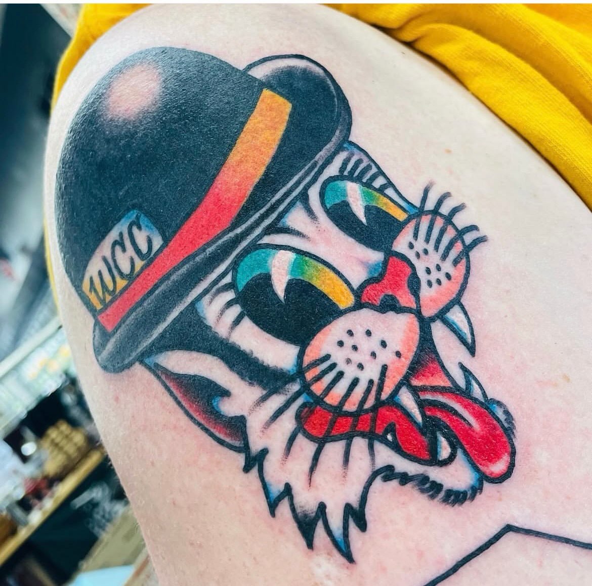 Clown American traditional tattoo on the shoulder by dave rash