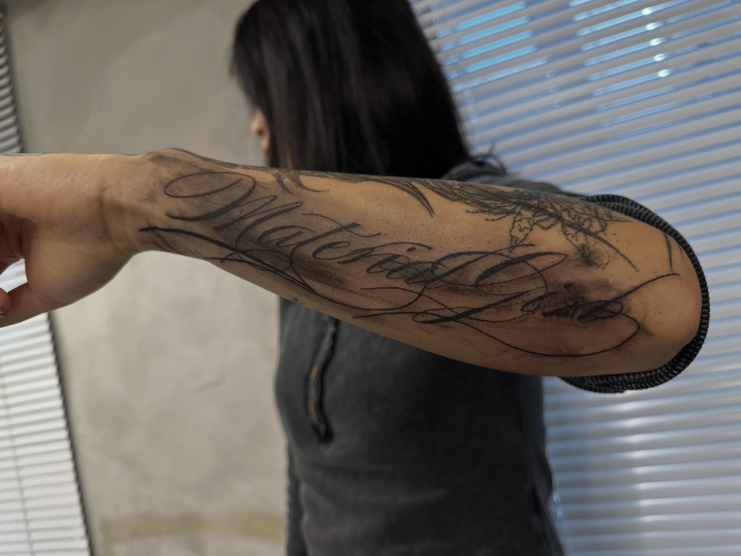 Script lettering lettering script tattoo on the forearm by eyeball