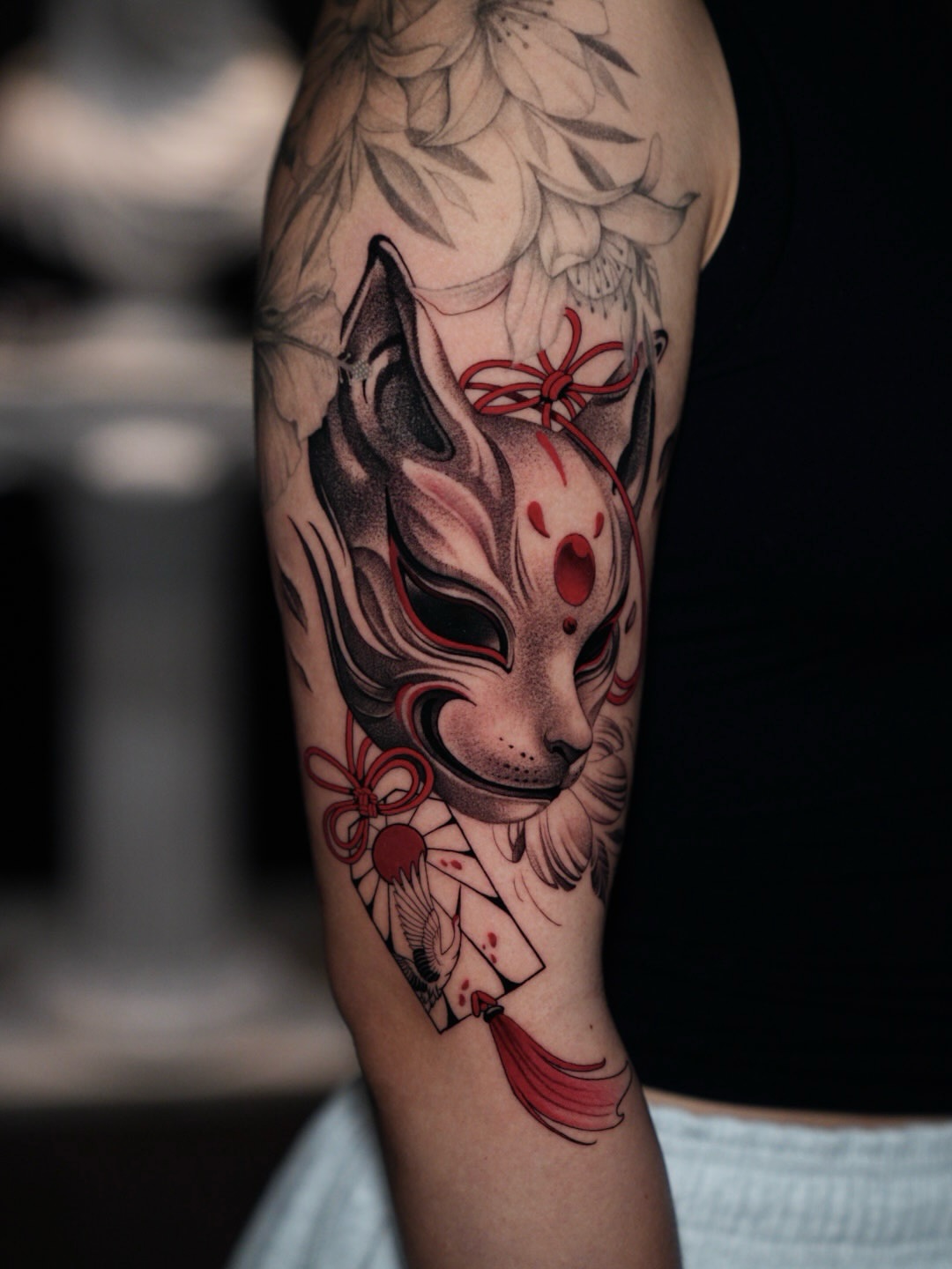 Fox mask japanese irezumi tattoo on the forearm by CRISTIAN AMORES シ