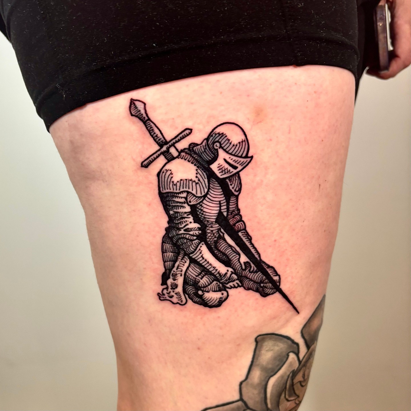 Knight and skeleton black and grey tattoo on the thigh by ๐๐๐ ๐๐๐๐๐๐๐๐๐๐๐