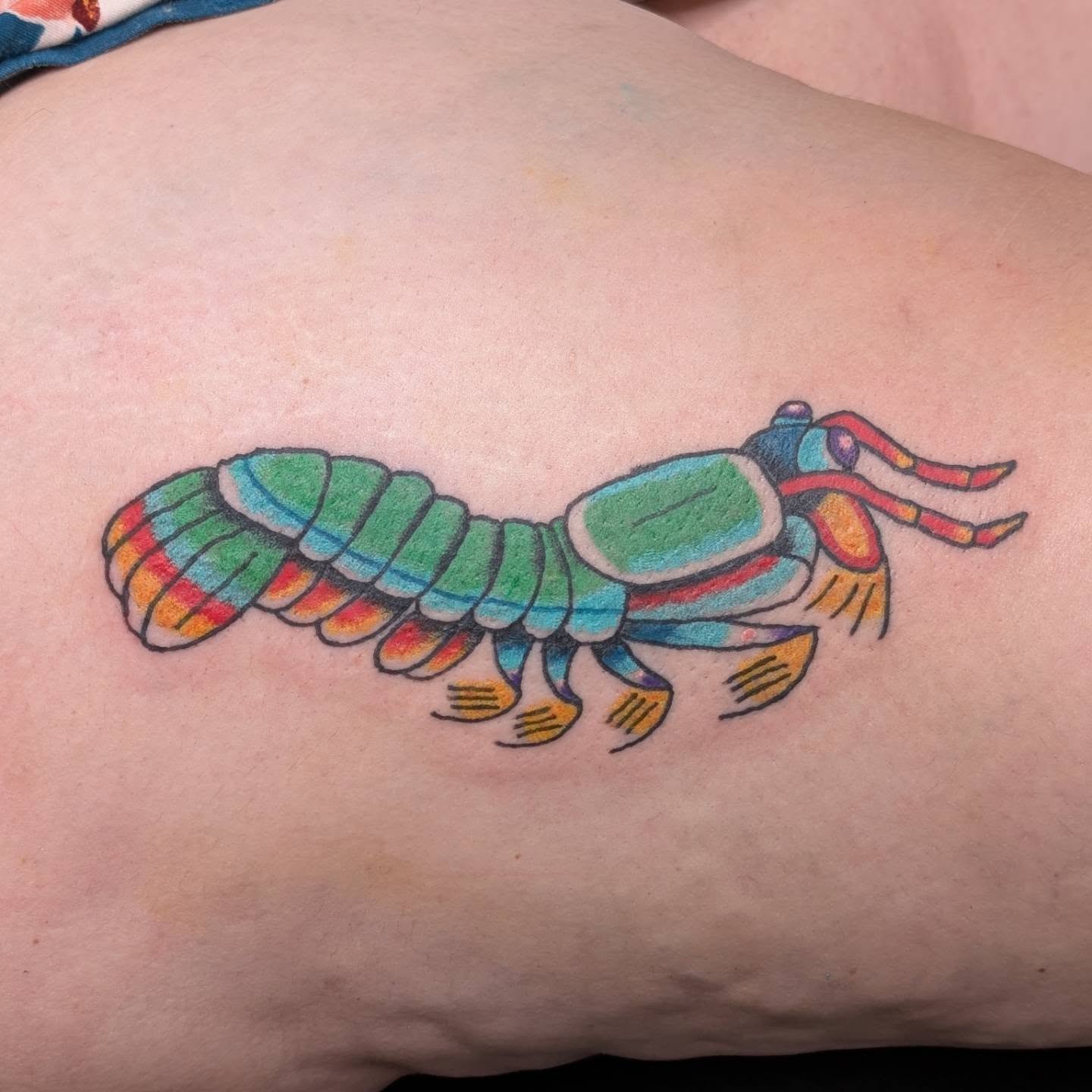 Lobster American traditional tattoo on the thigh by Jon Sedor