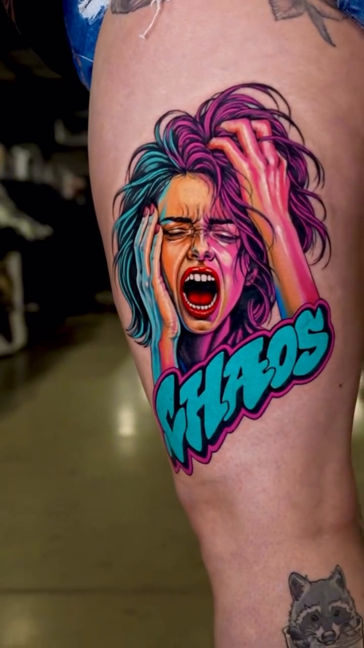 Screaming woman with "CHAOS" text new school tattoo by Dharma.tattoo