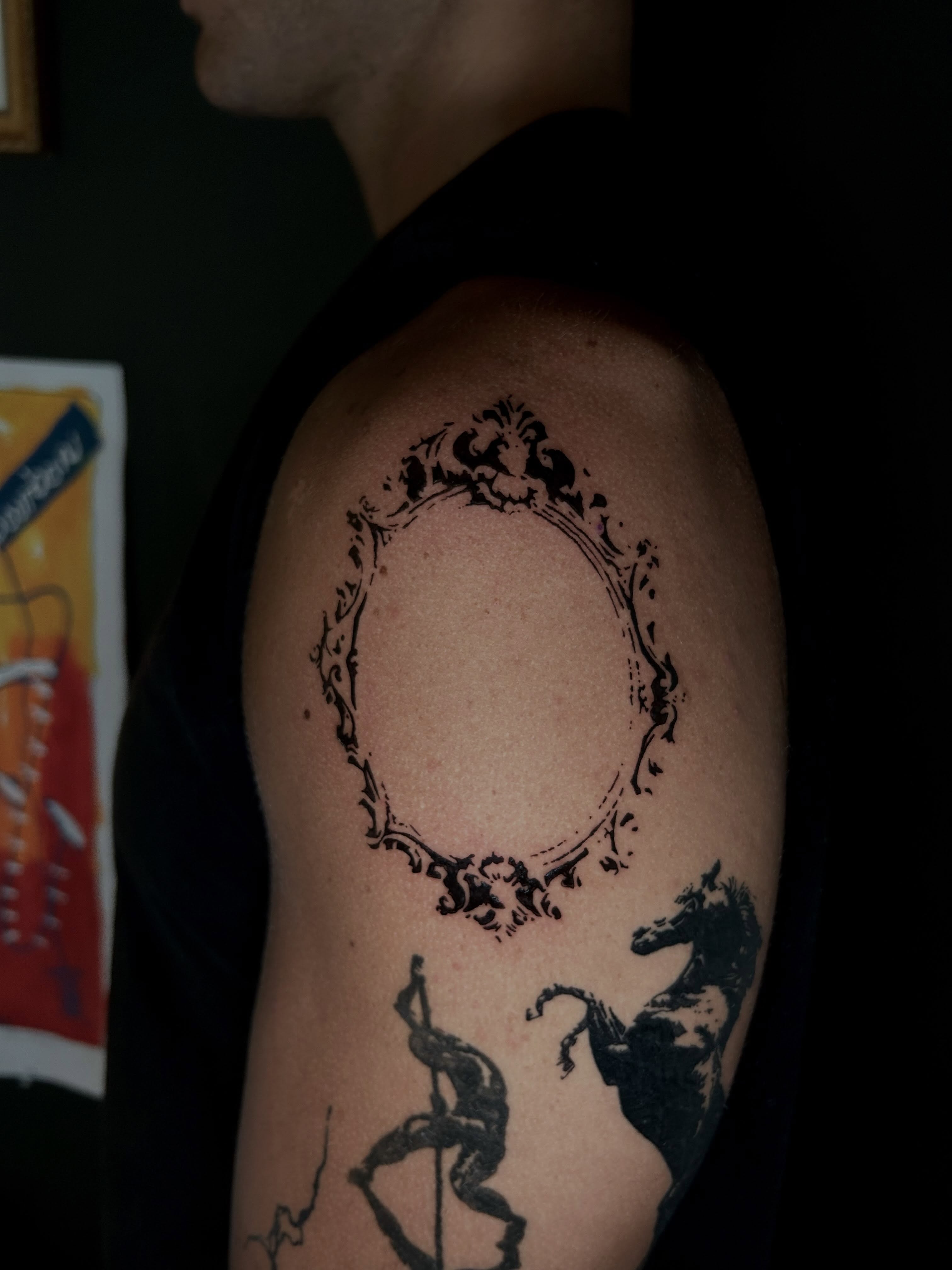 Mirror frame black and grey tattoo on the shoulder by KB