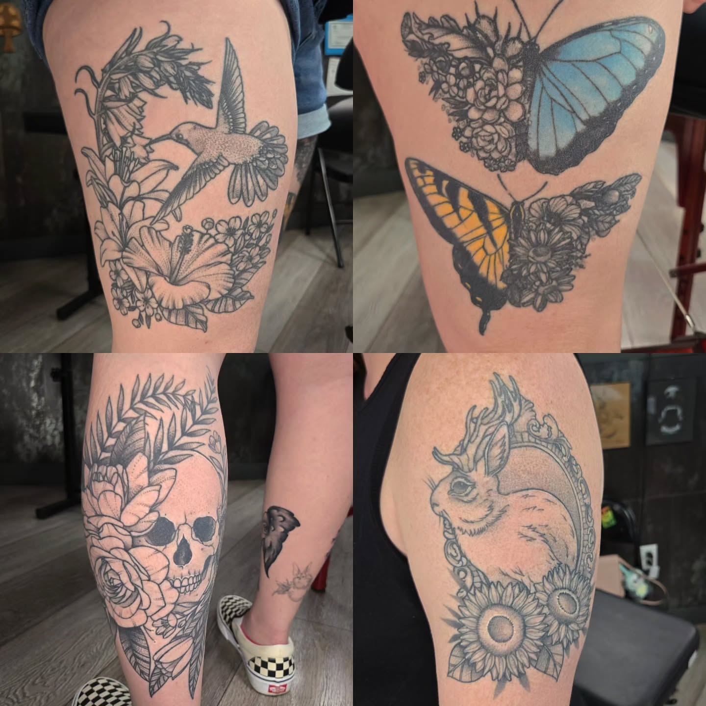 Hummingbird and flowers black and grey tattoo on the thigh by Britty Love, Nashville, Tennessee
