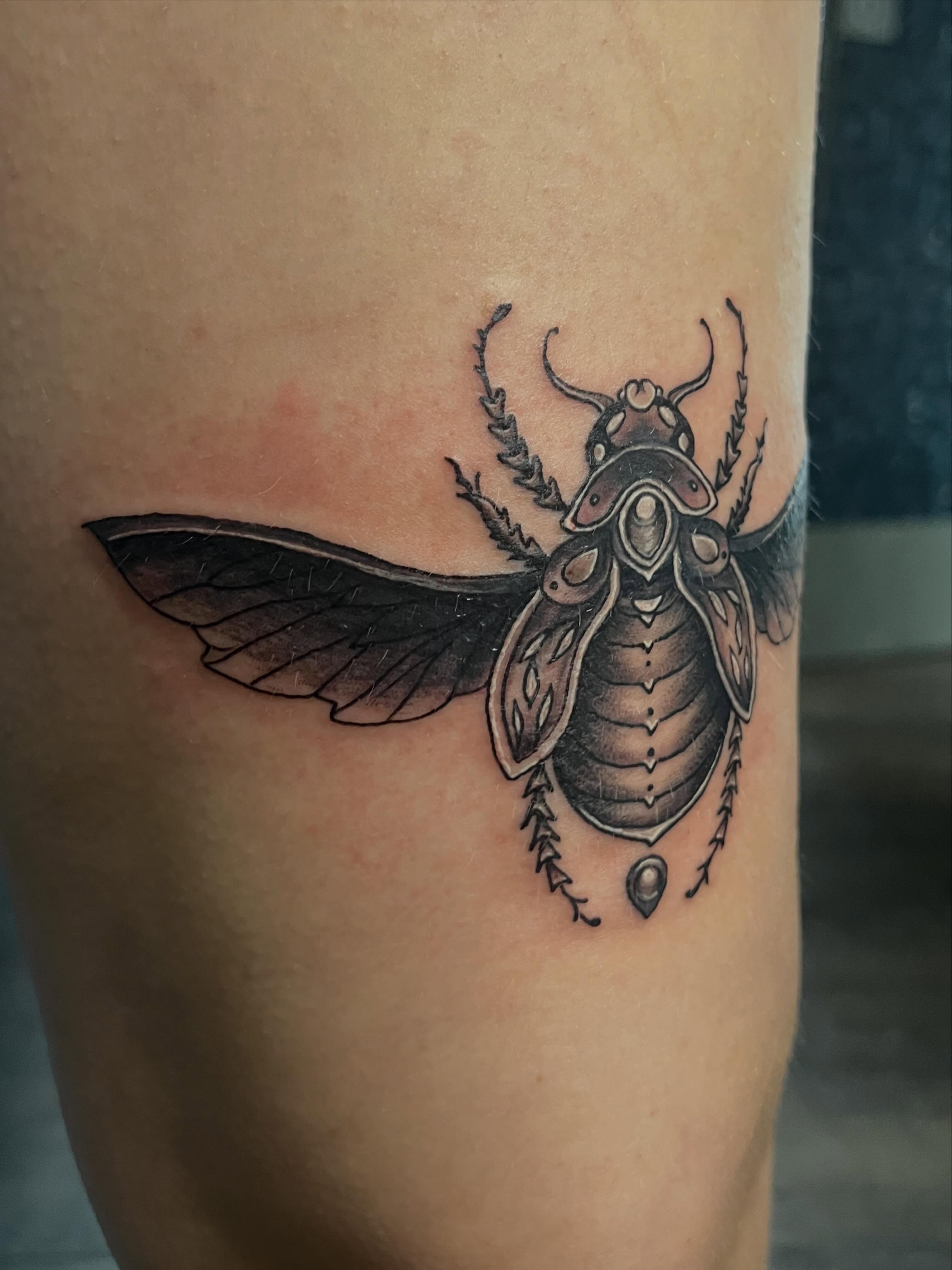 Scarab beetle black and grey tattoo on the thigh by Rikki