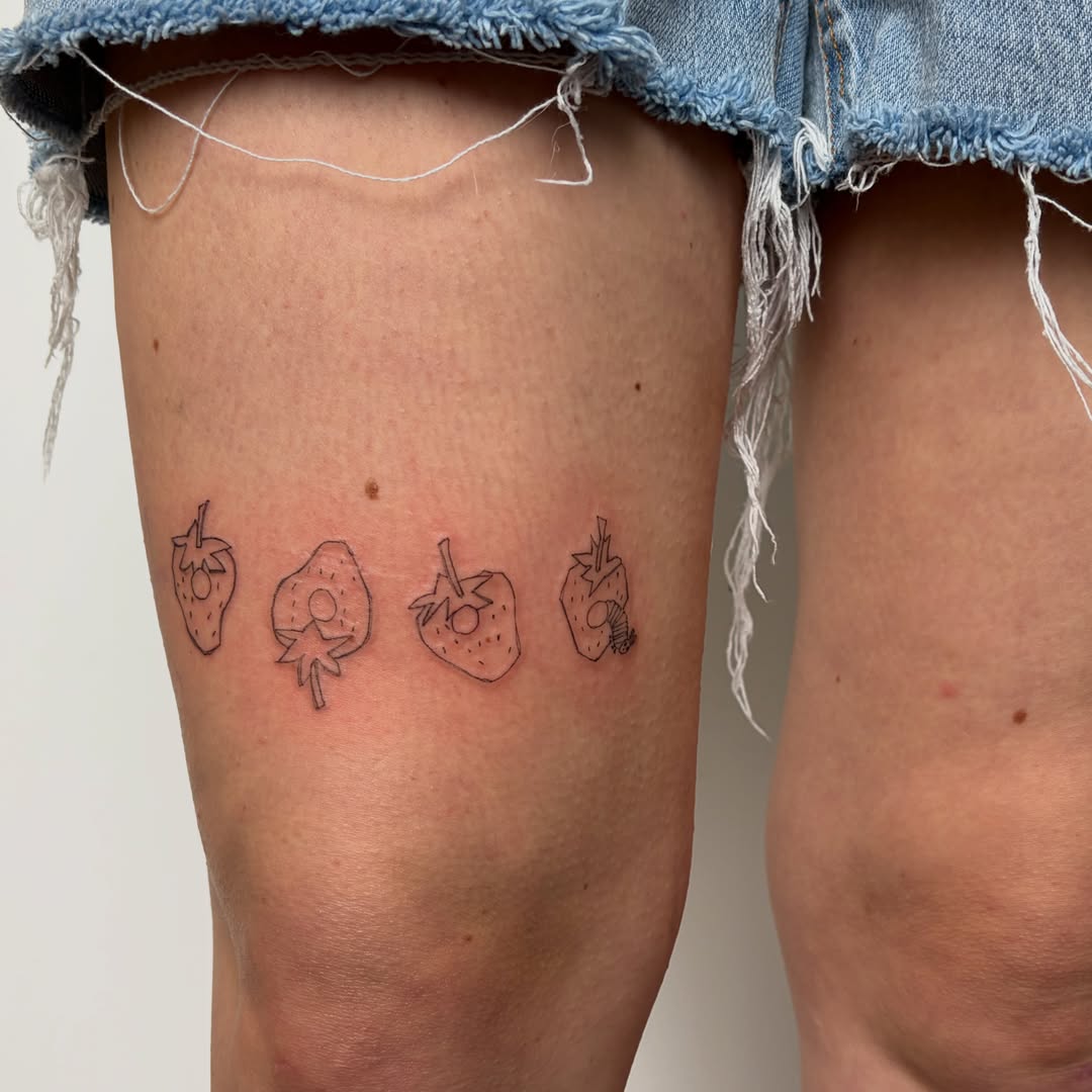 Strawberries dotwork tattoo on the thigh by annie’s tattoos ⭐꩜ .ᐟ