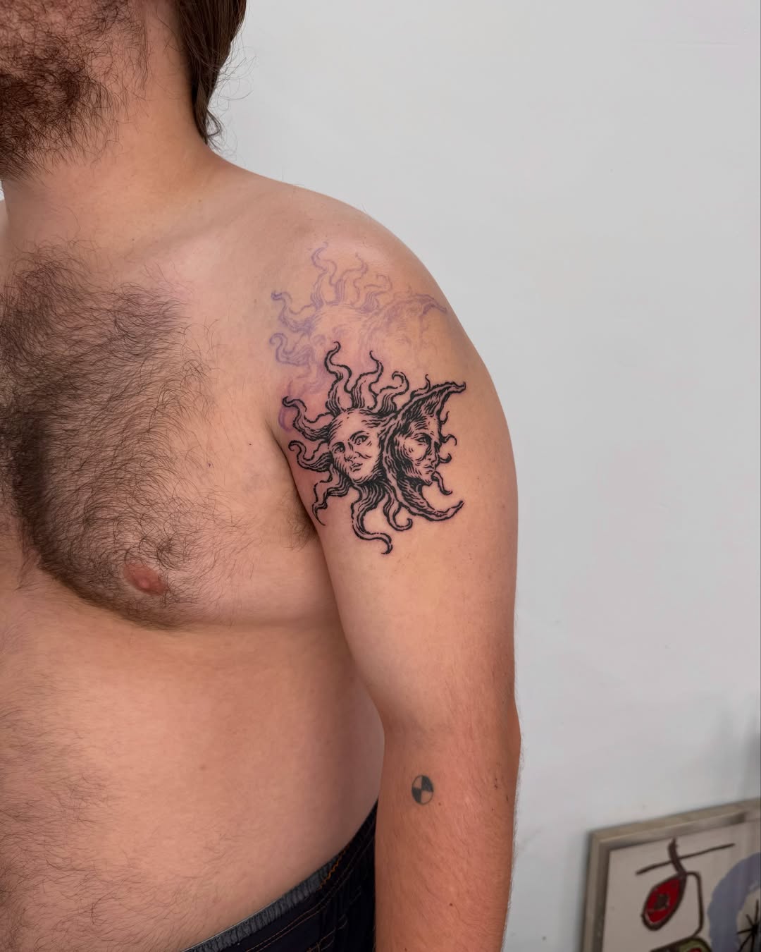 Sun and moon American traditional tattoo on the shoulder by Anh Đan