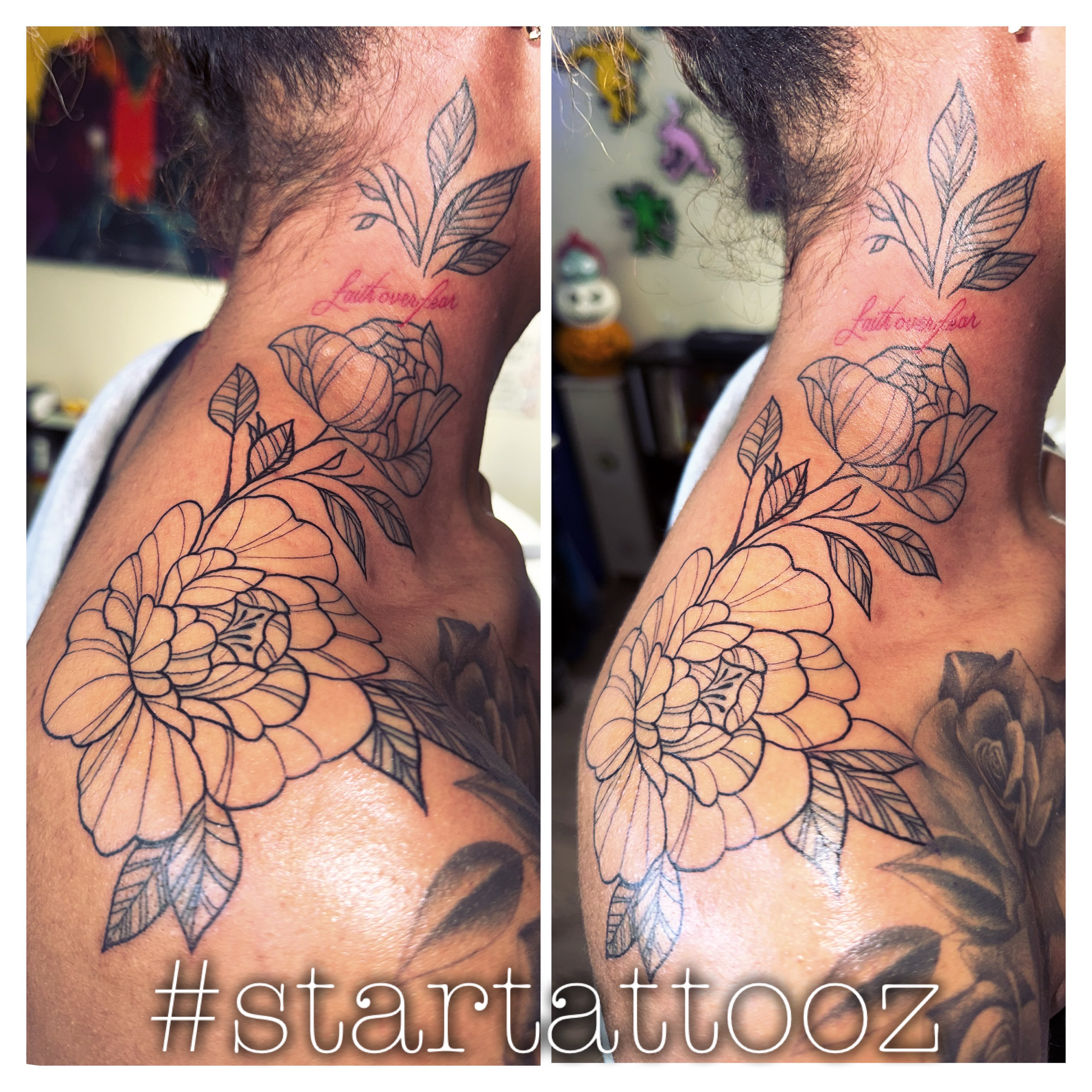 Floral arrangement black and grey tattoo on the shoulder by StarTattooz - the one & only