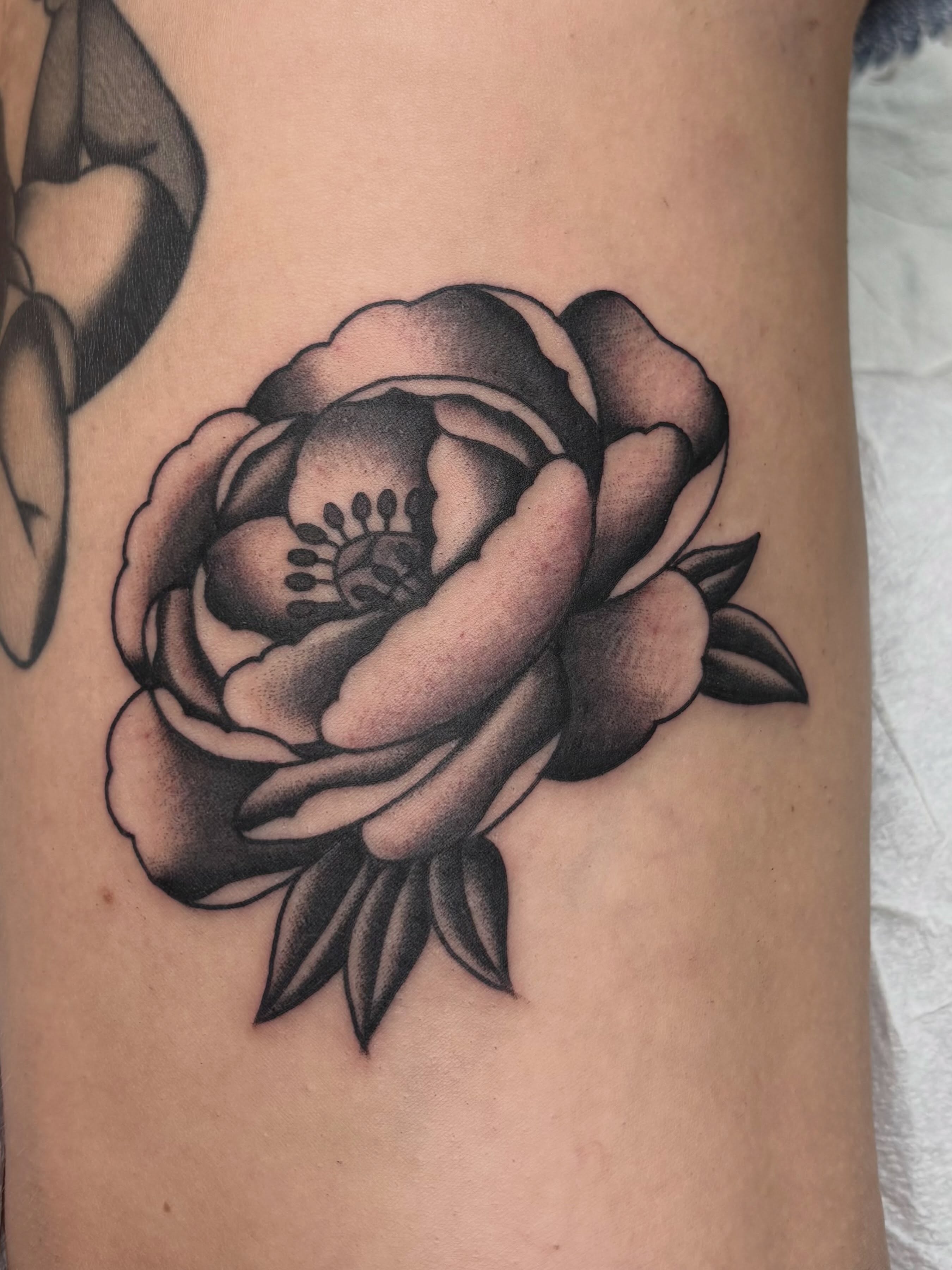 Rose black and grey tattoo on the forearm by Izzy