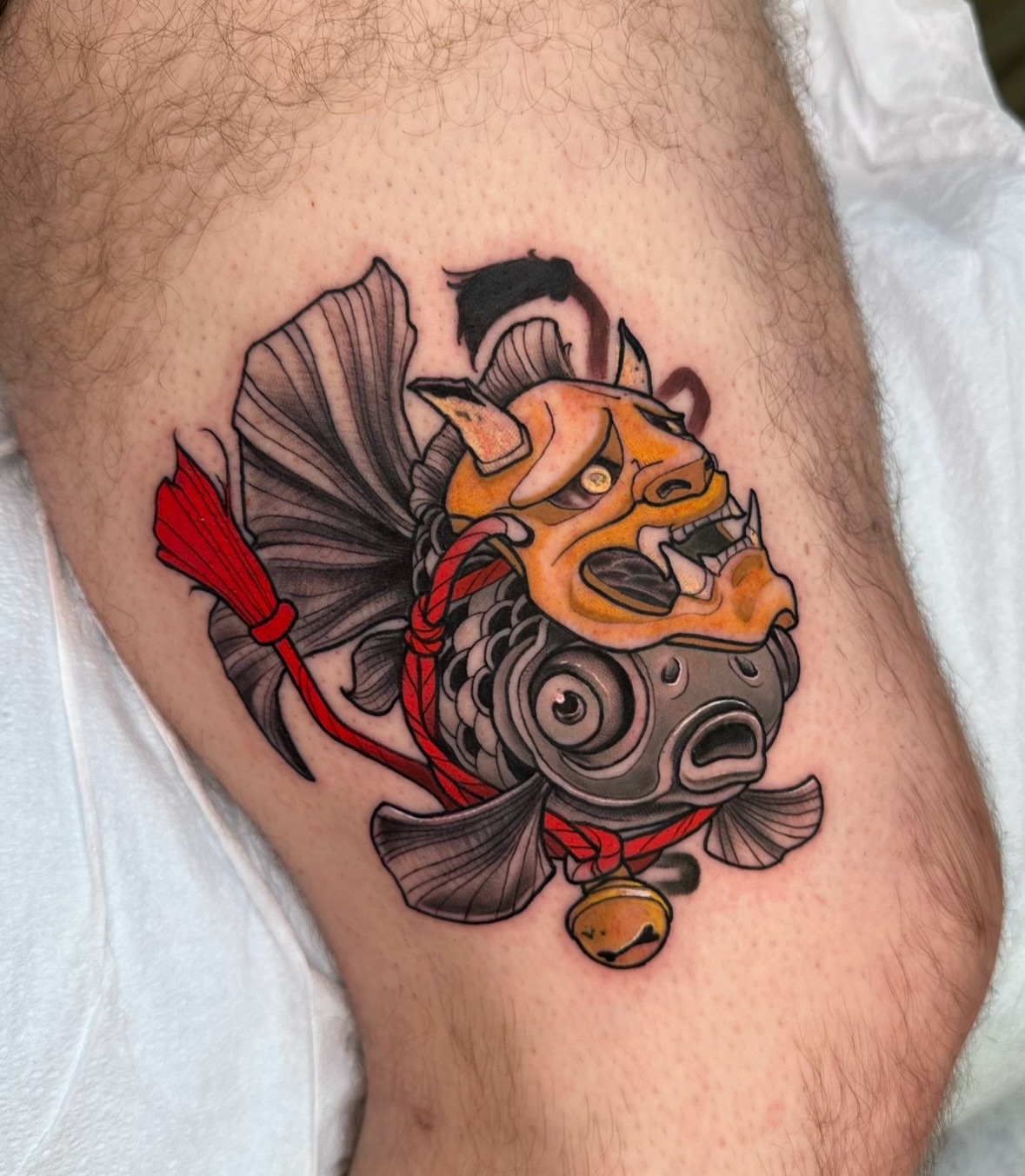 Koi fish japanese irezumi tattoo on the thigh by Teddi Garson