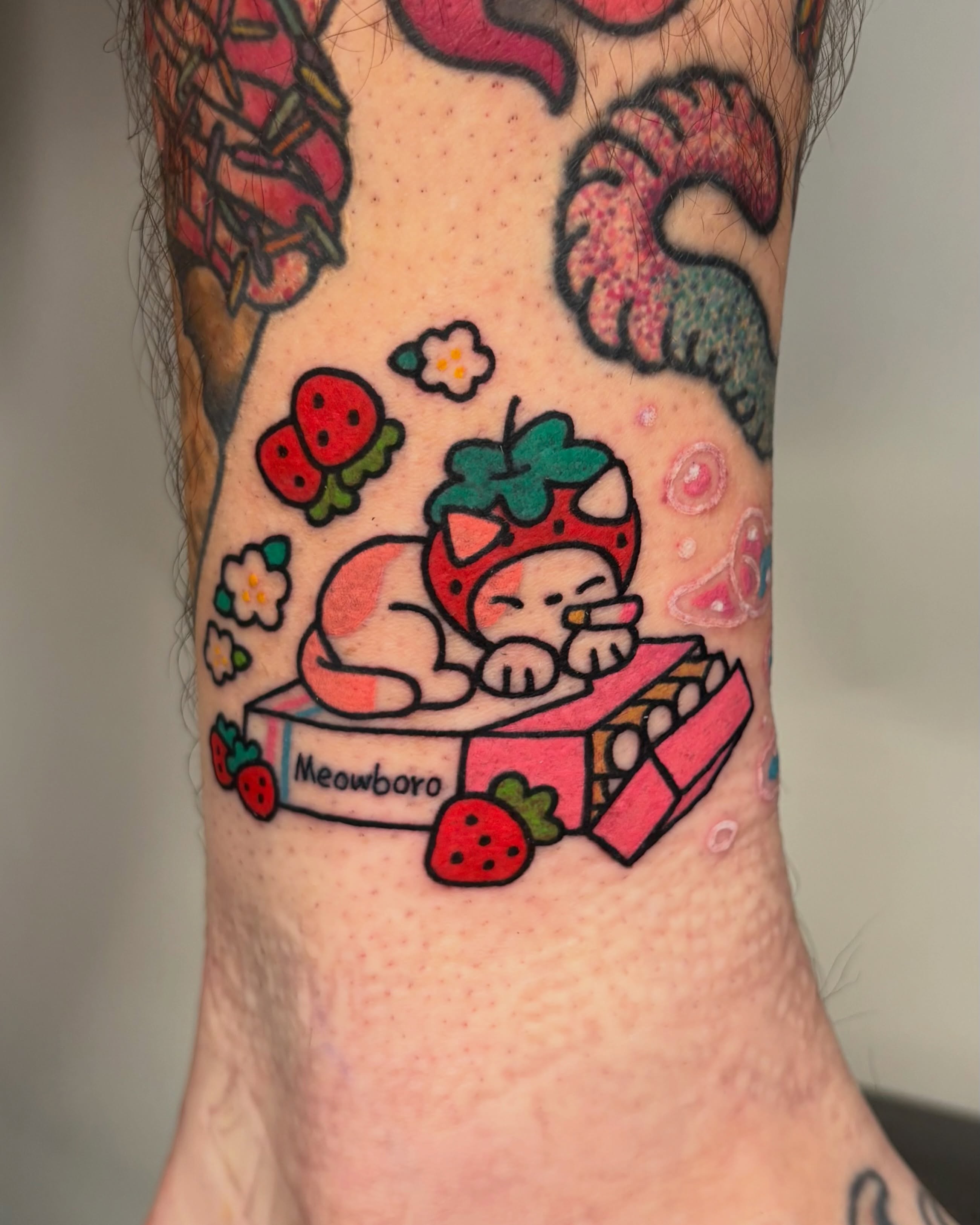 Cat with strawberry new school tattoo on the forearm by XINAMON 🔥 시나몬