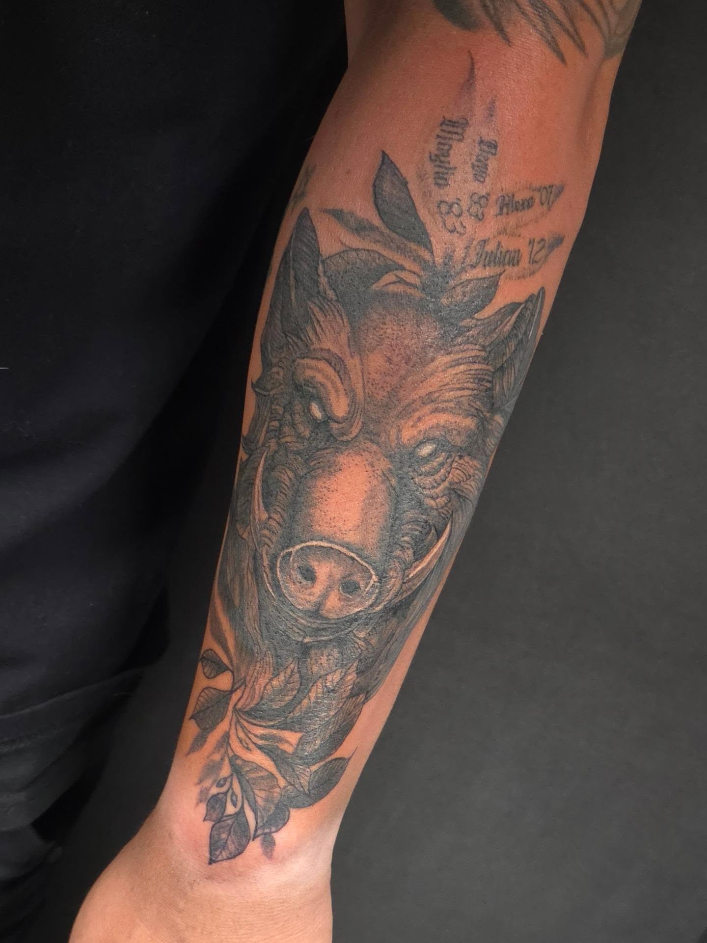 Boar head realism tattoo on the forearm by ๐๐ฎ๐ป๐ฎ๐ถ๐, Charlotte, North Carolina
