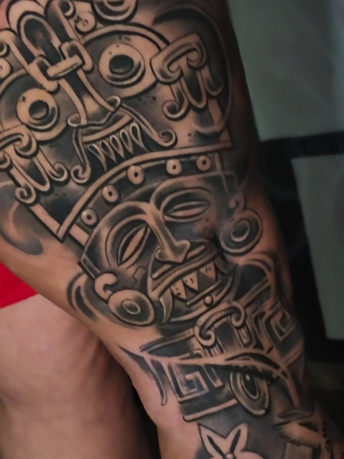 Mask black and grey tattoo on the forearm by Tattoo Seez, Wichita, Kansas