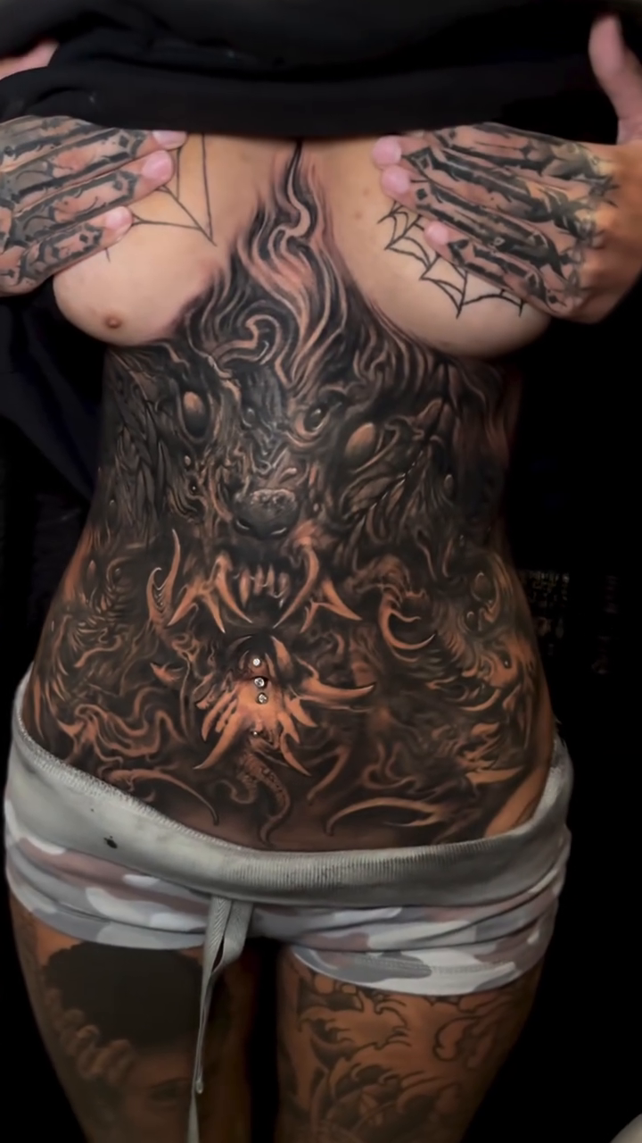 Full torso dragon and spider dark realism tattoo by π΅ππππ π―πππππππ