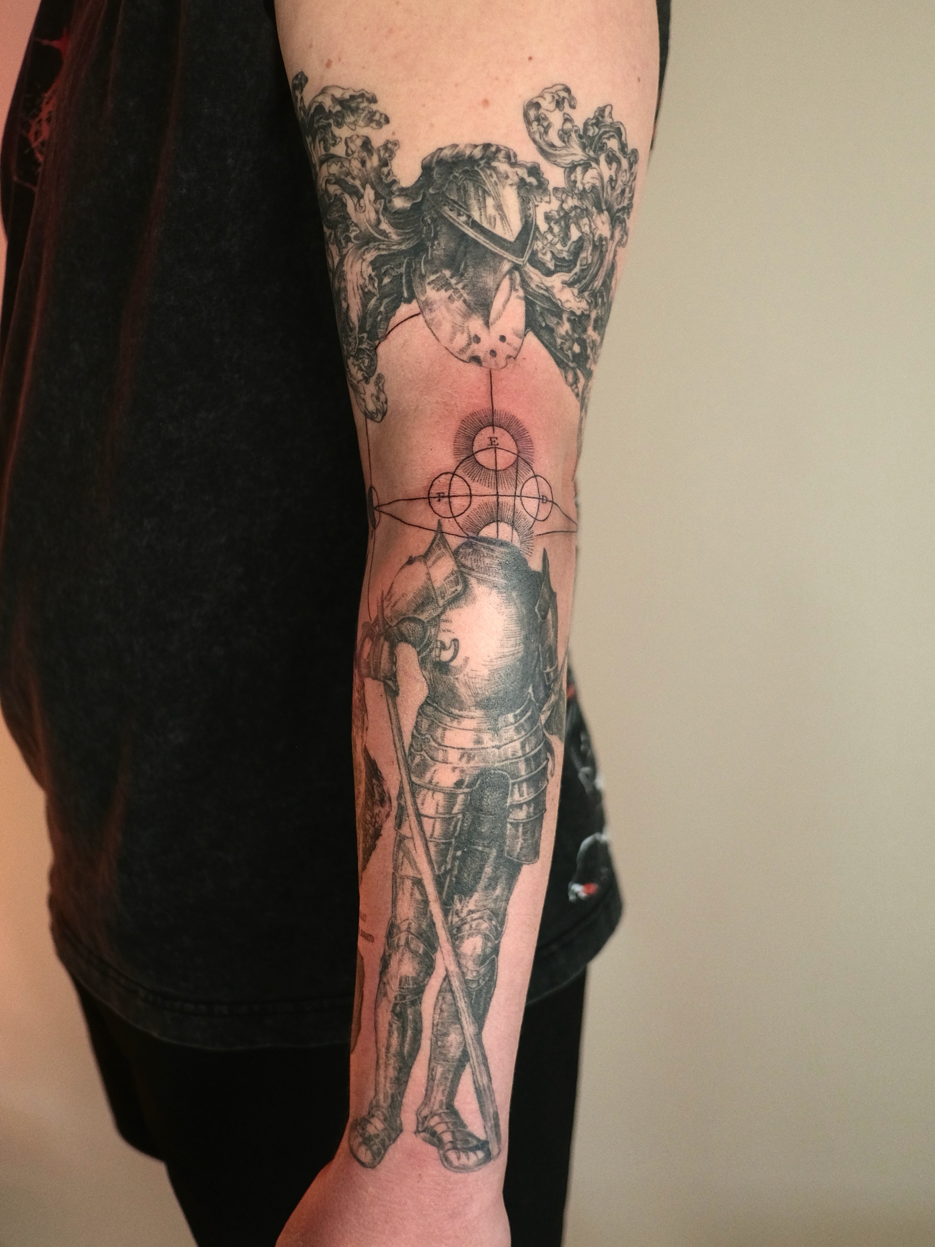 Knight and horse realism tattoo on the forearm by Zanereti