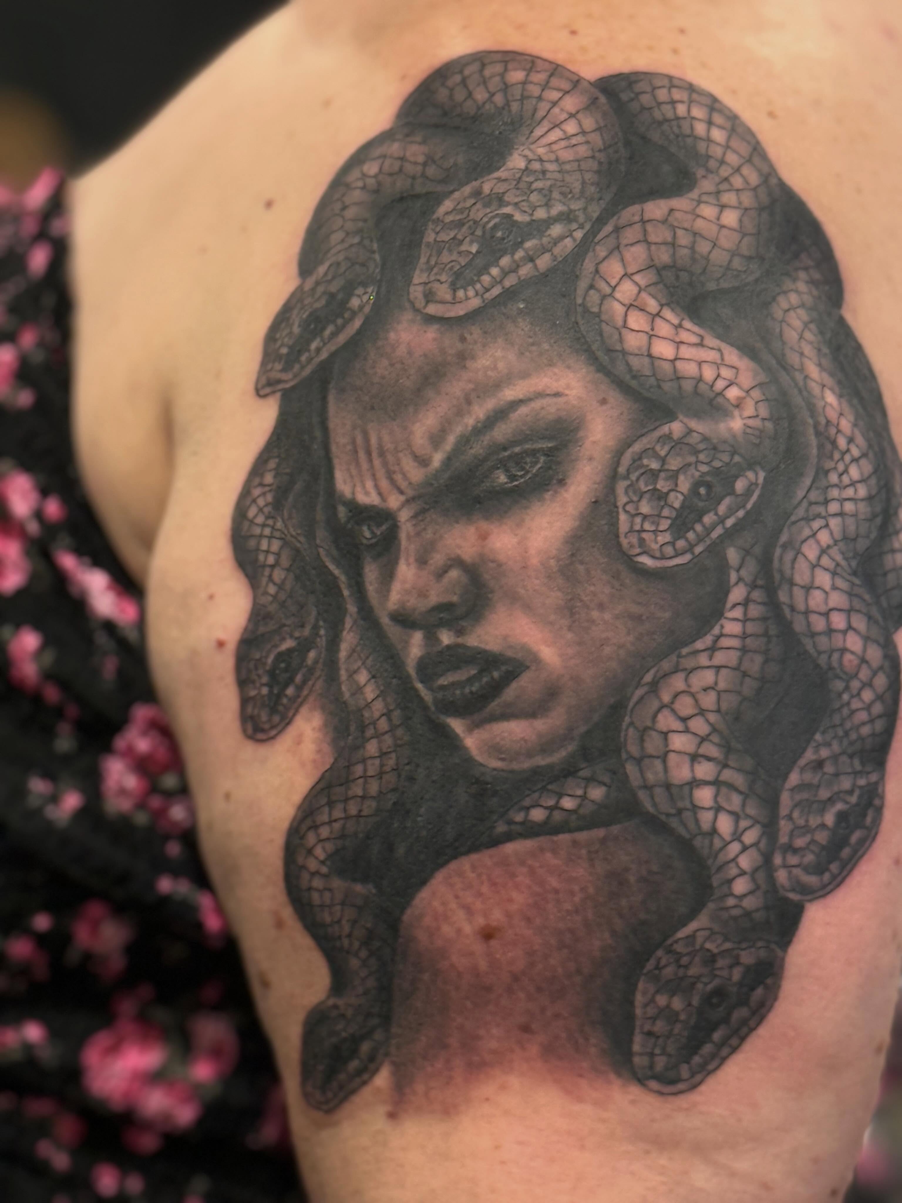 Medusa realism tattoo on the chest by Jacob Bettker, Centerville, Ohio