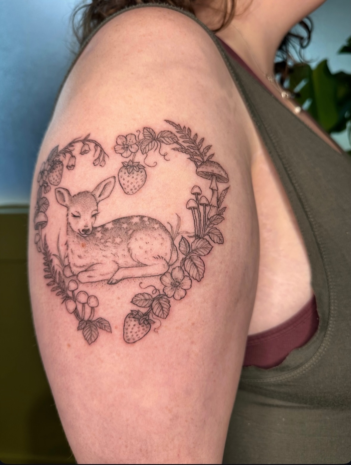 Deer and nature black and grey tattoo on the shoulder by kenzie hunter