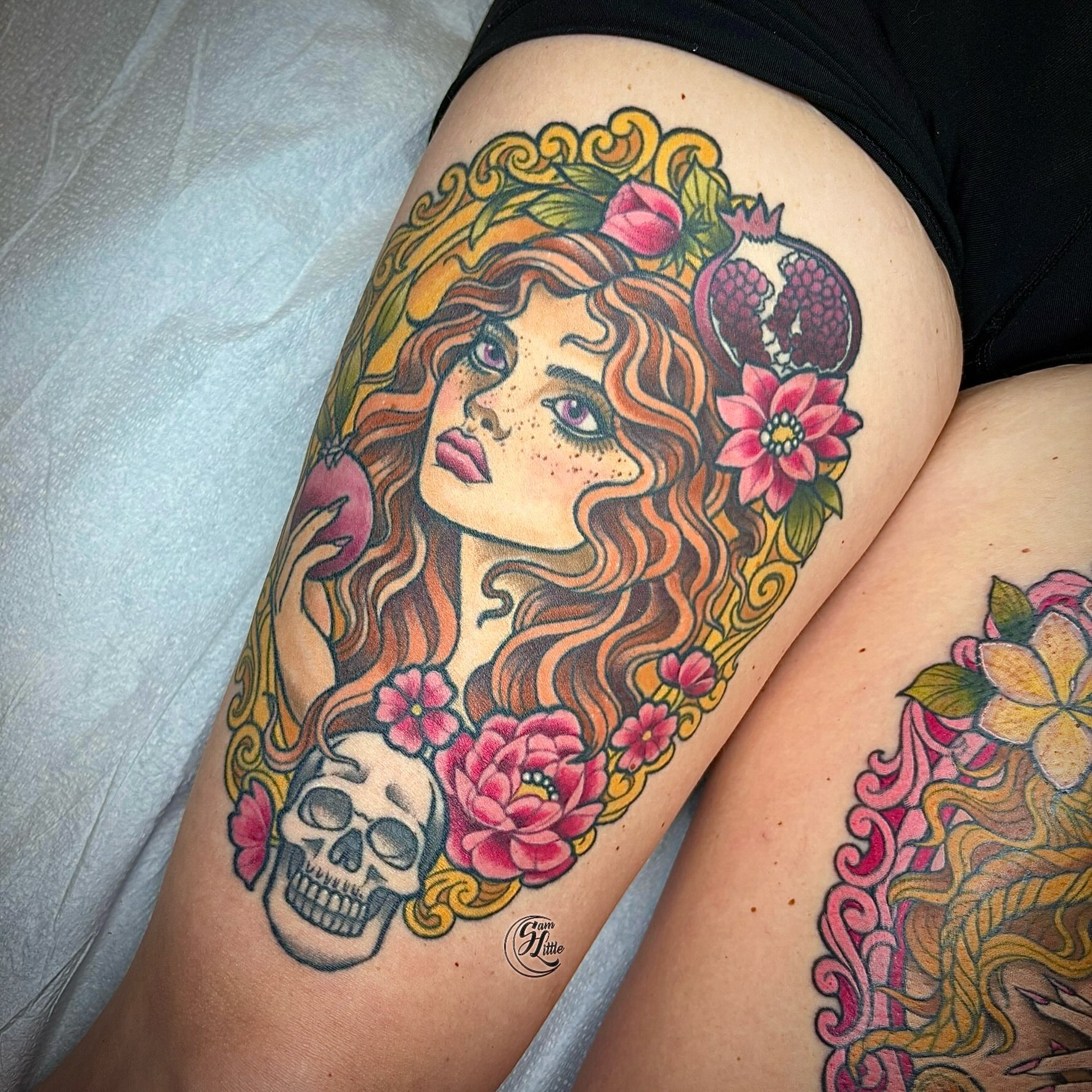 Woman with flowers illustrative tattoo on the thigh by 𝓢𝓪𝓶 𝓛𝓲𝓽𝓽𝓵𝓮