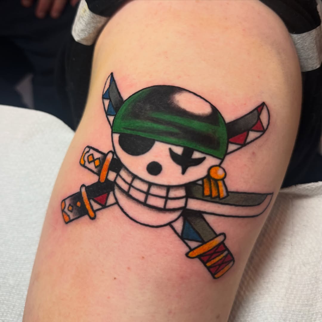 Pirate character American traditional tattoo on the forearm by Shelby