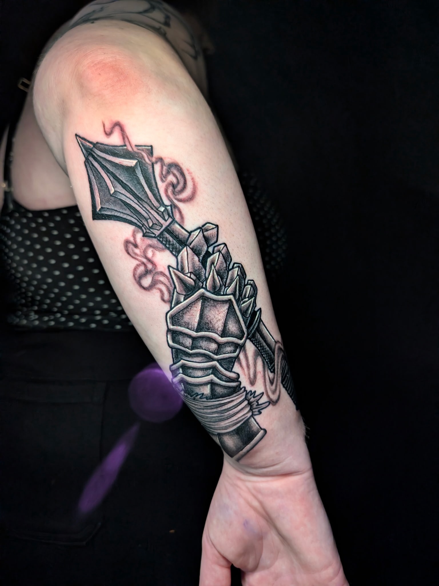 Sword and crystal American traditional tattoo on the forearm by Gina Carlson