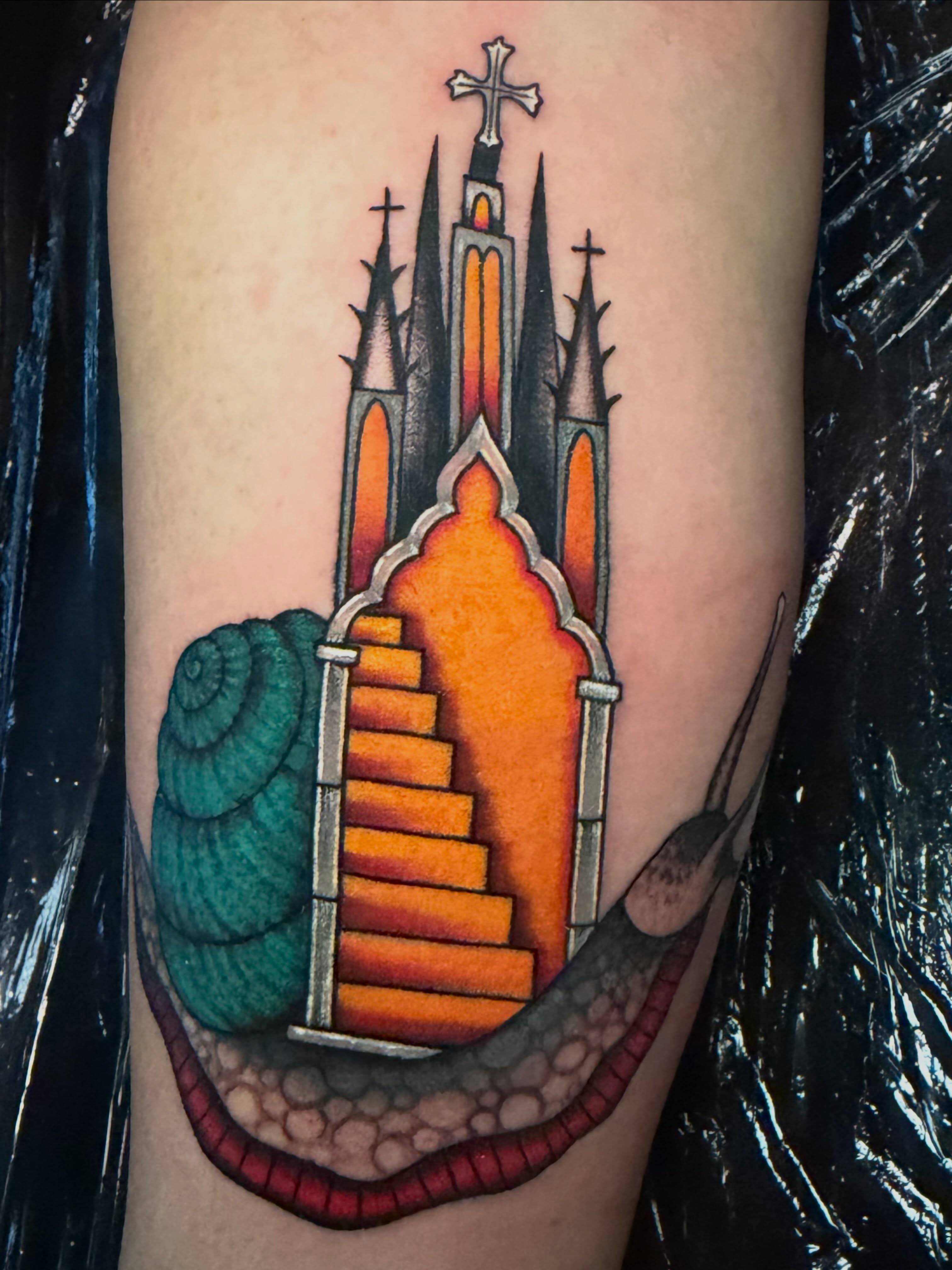 Church and staircase American traditional tattoo on the forearm by Madison ‘Maddog’ Stewart