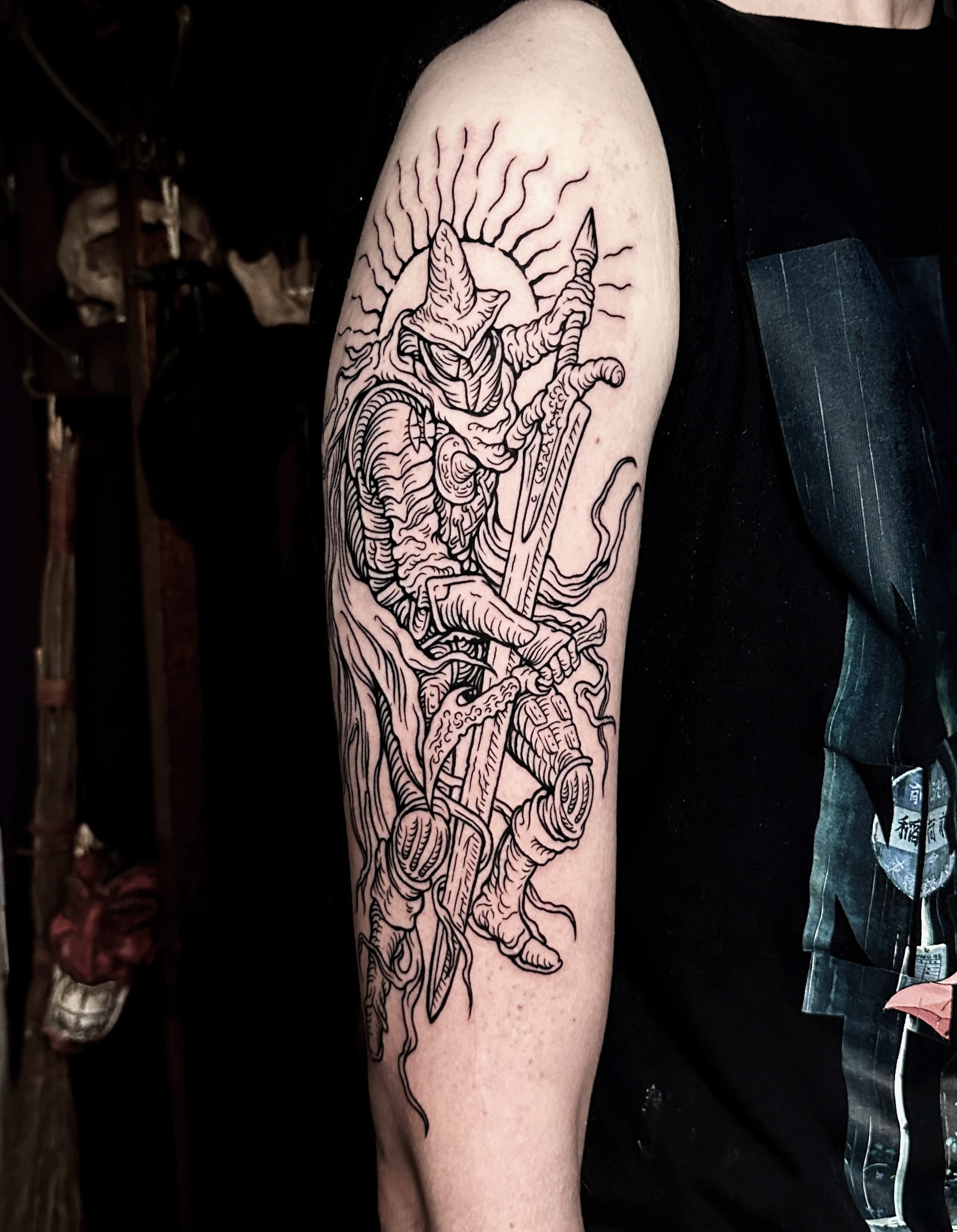 Warrior on horseback black and grey tattoo on the forearm by 𝕾𝖆𝖘𝖍𝖆 𝖂𝖔𝖑𝖆𝖓𝖉