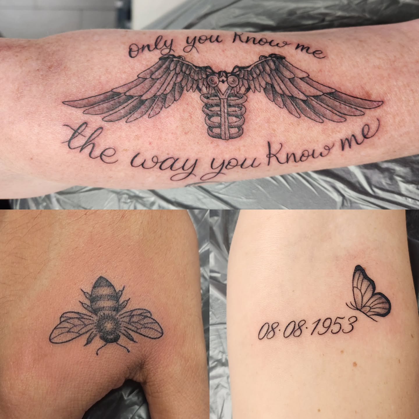 Wings and ribcage black and grey tattoo on the forearm by Jason August