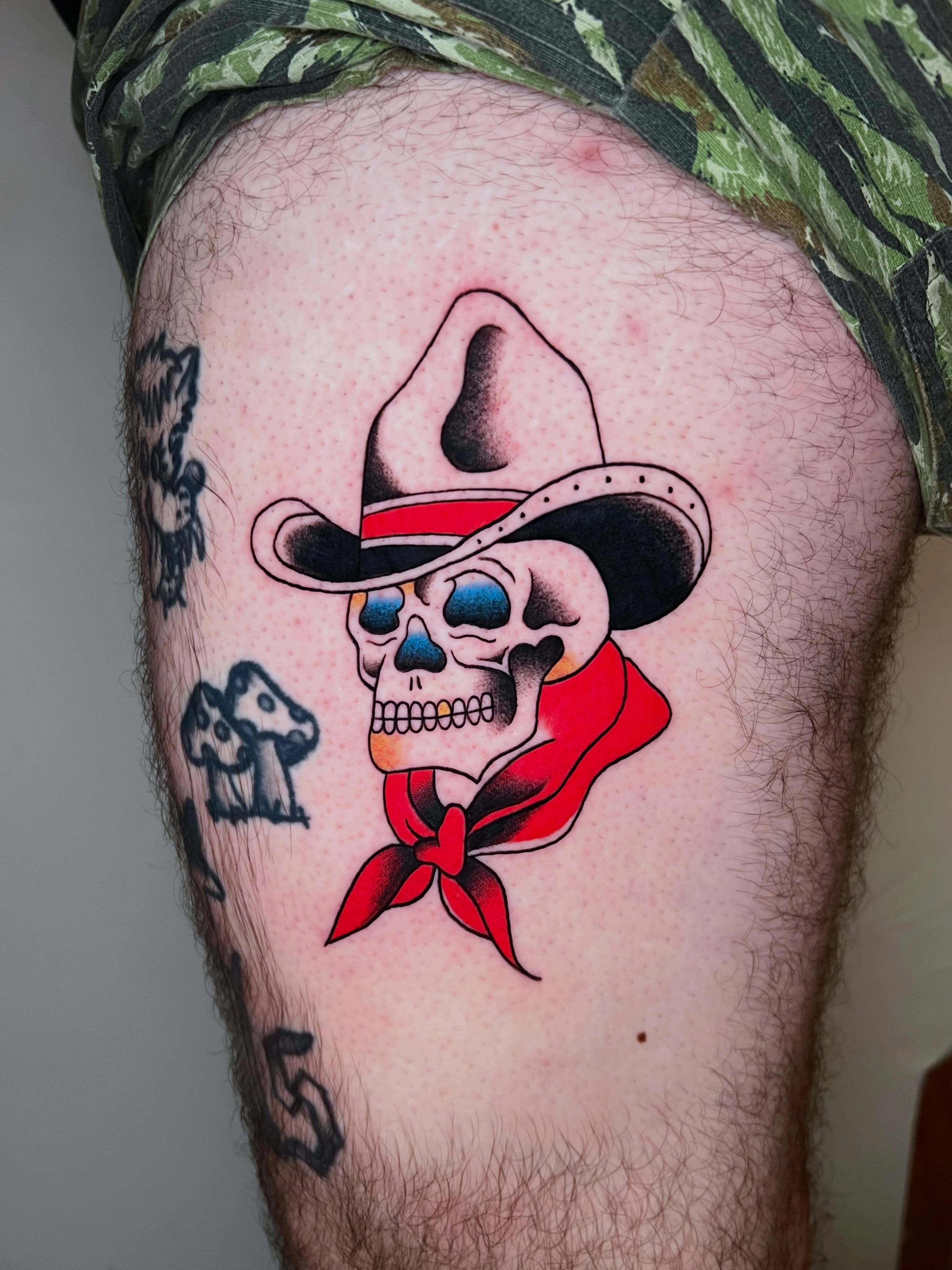 Cowboy skull American traditional tattoo on the thigh by AJ π°π· LA tattoo