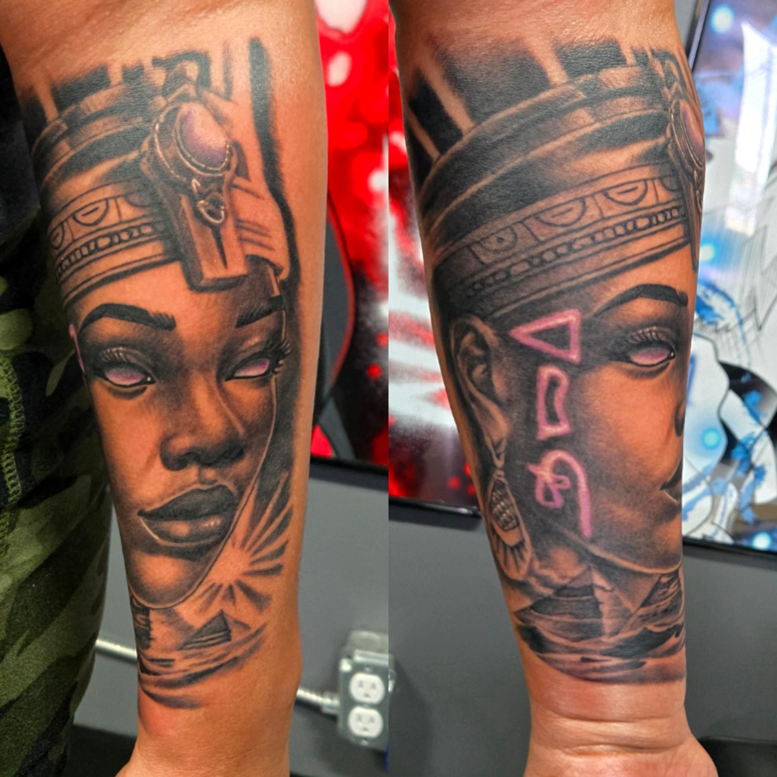 Ancient queen realism tattoo on the forearm by Cee Vann, Greensboro, North Carolina