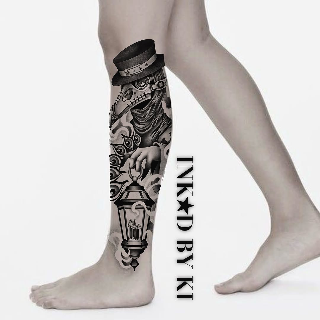 Skull with top hat black and grey tattoo on the calf by Ki ☆ SLC TATTOO ARTIST