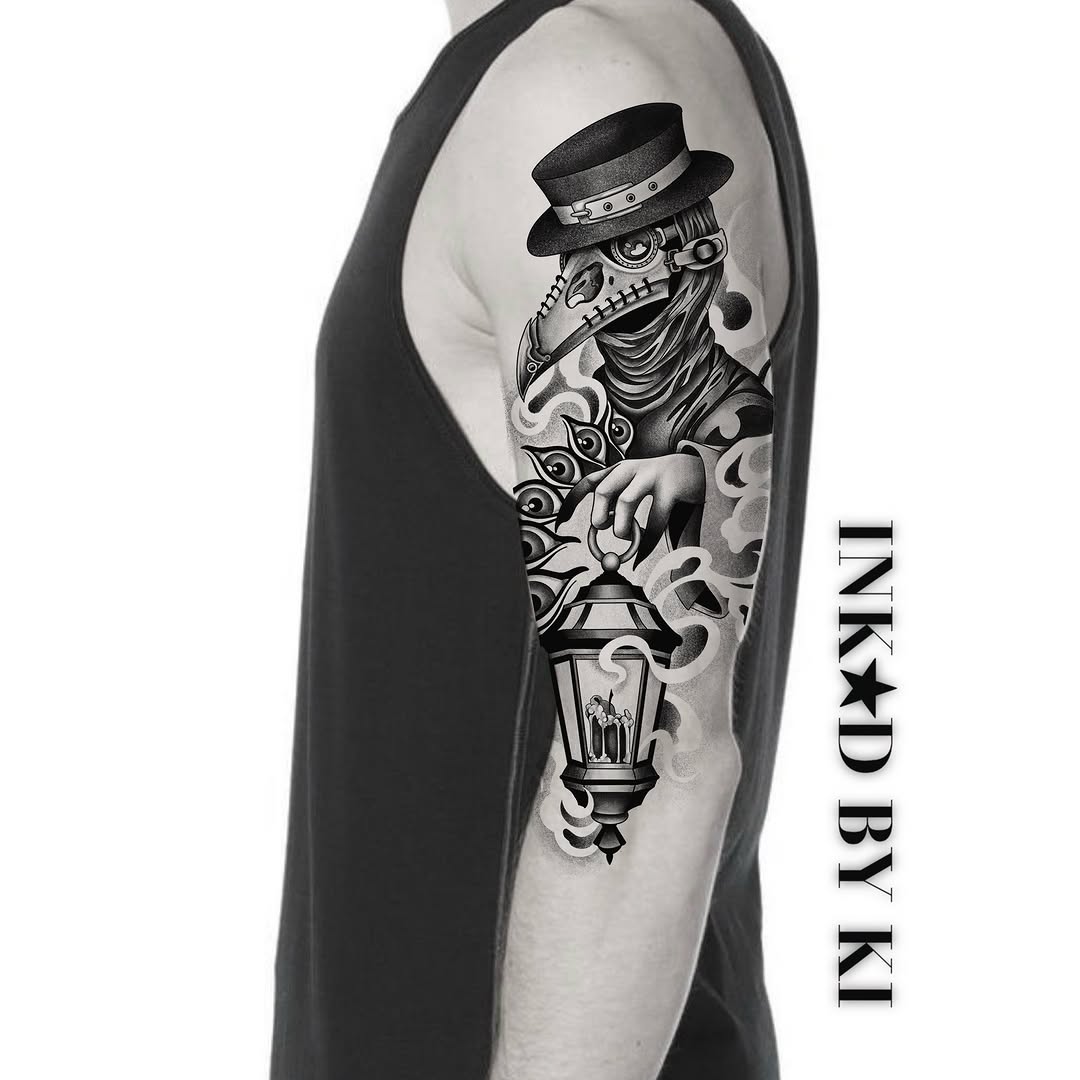Plague doctor realism tattoo on the upper arm by Ki ☆ SLC TATTOO ARTIST
