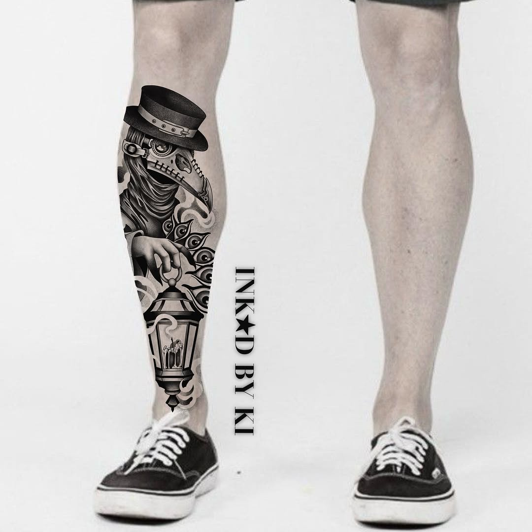 Skull with top hat black and grey tattoo on the calf by Ki ☆ SLC TATTOO ARTIST