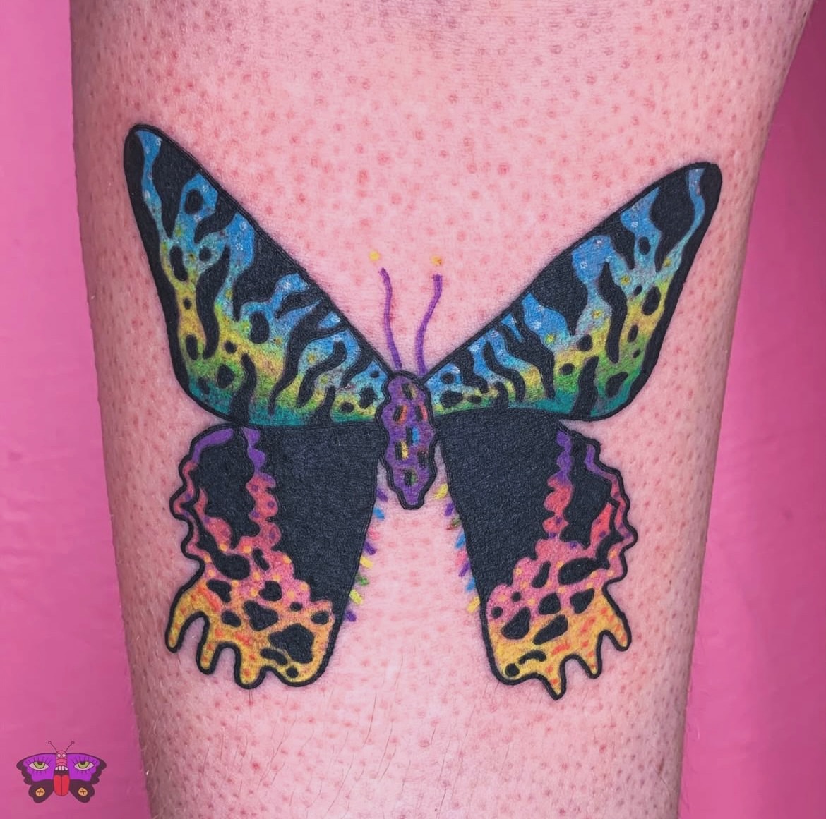 Butterfly new school tattoo on the forearm by Jess Koala, San Francisco, California