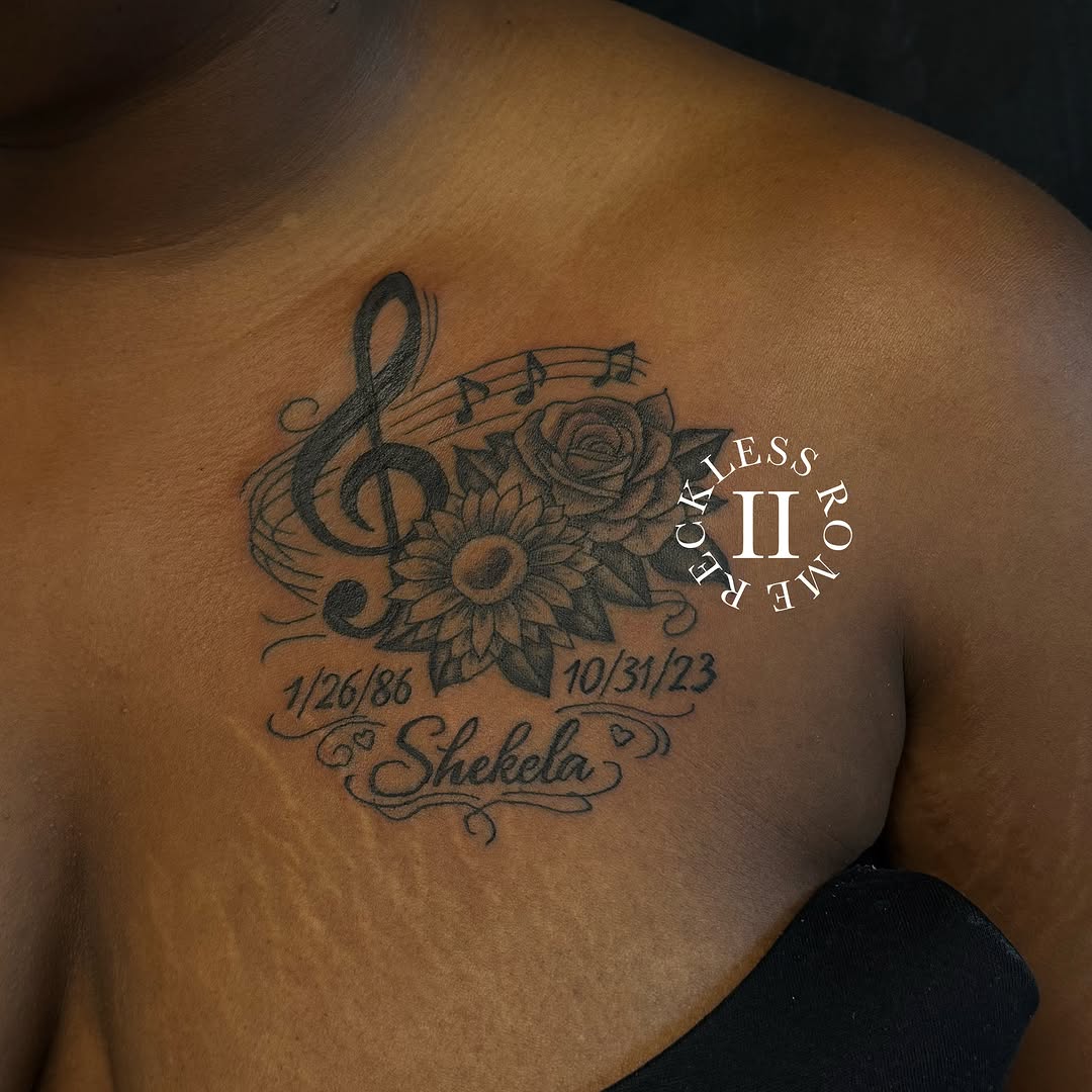 Music notes and flowers black and grey tattoo on the chest by Rome