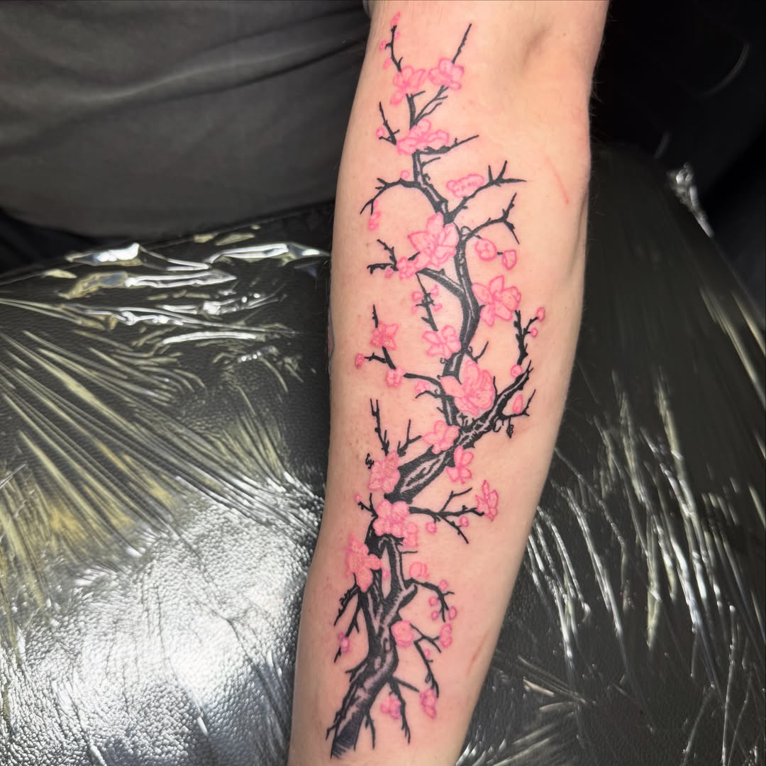 Cherry blossom branch dotwork tattoo on the forearm by 🌸Blossom🌸