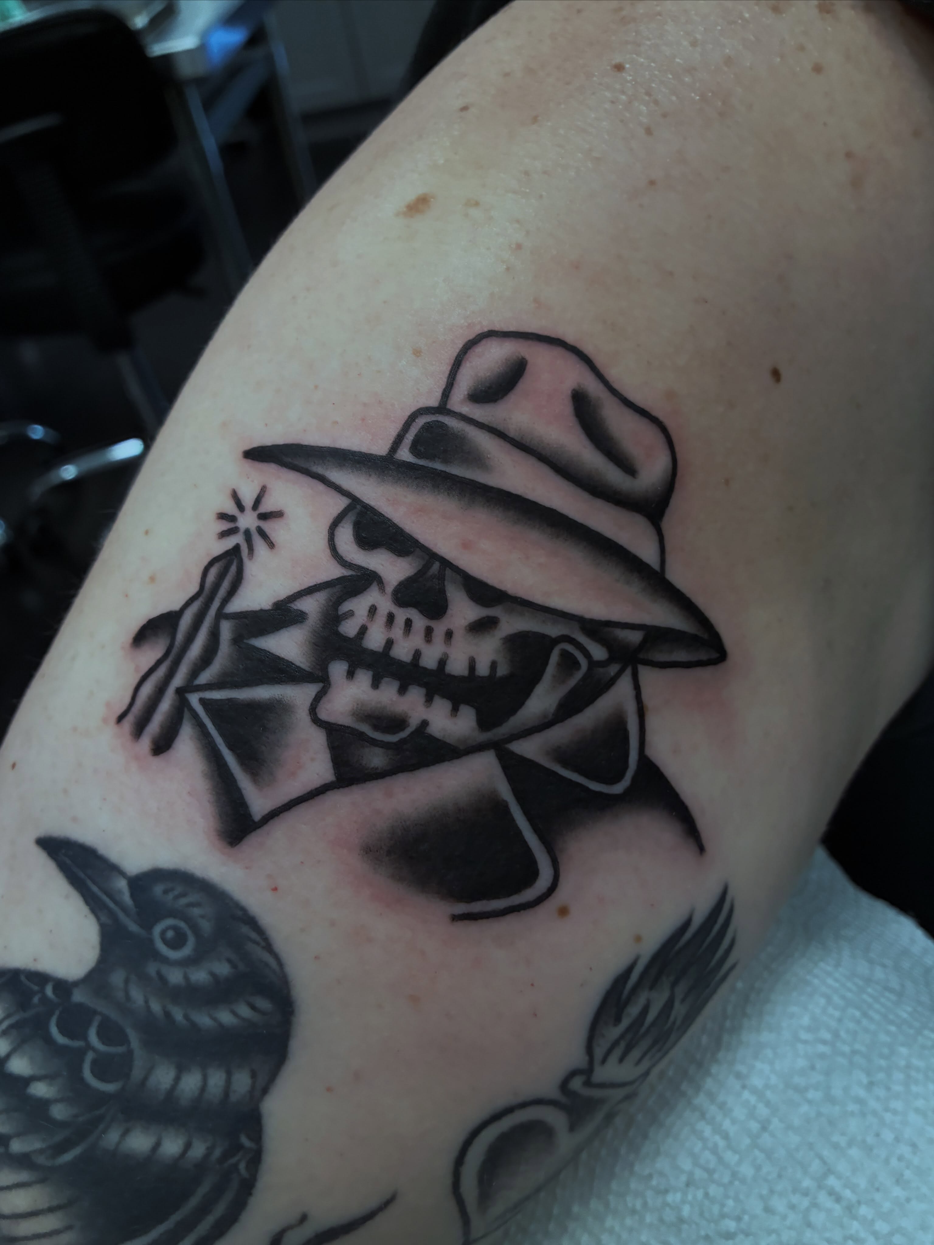 Skull with hat black and grey tattoo on the forearm by @rubber_band_dan, San Francisco, California