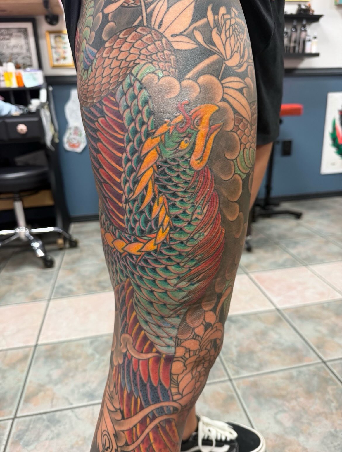 Dragon and floral japanese irezumi tattoo on the leg by Corey Thompson, Butler, Pennsylvania