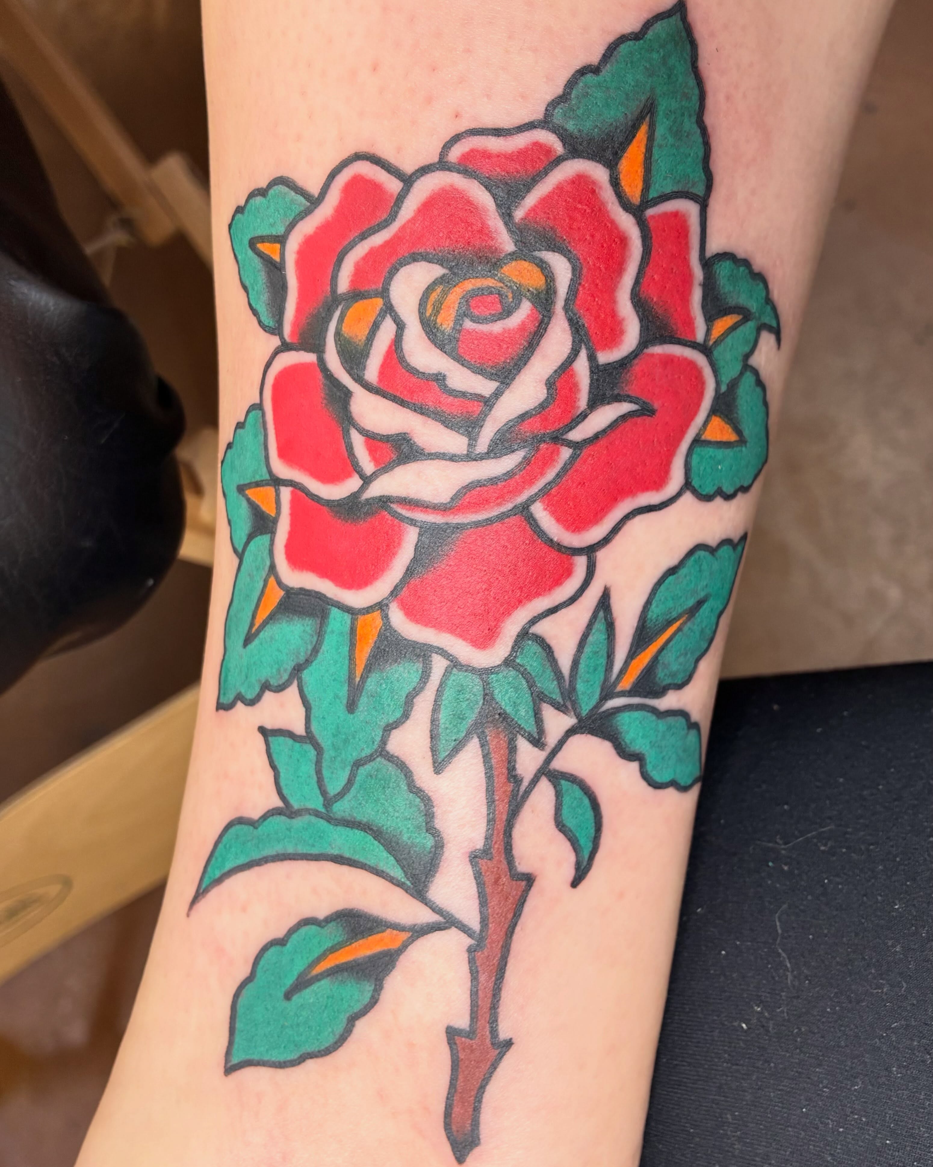 Rose American traditional tattoo on the forearm by Chrissie
