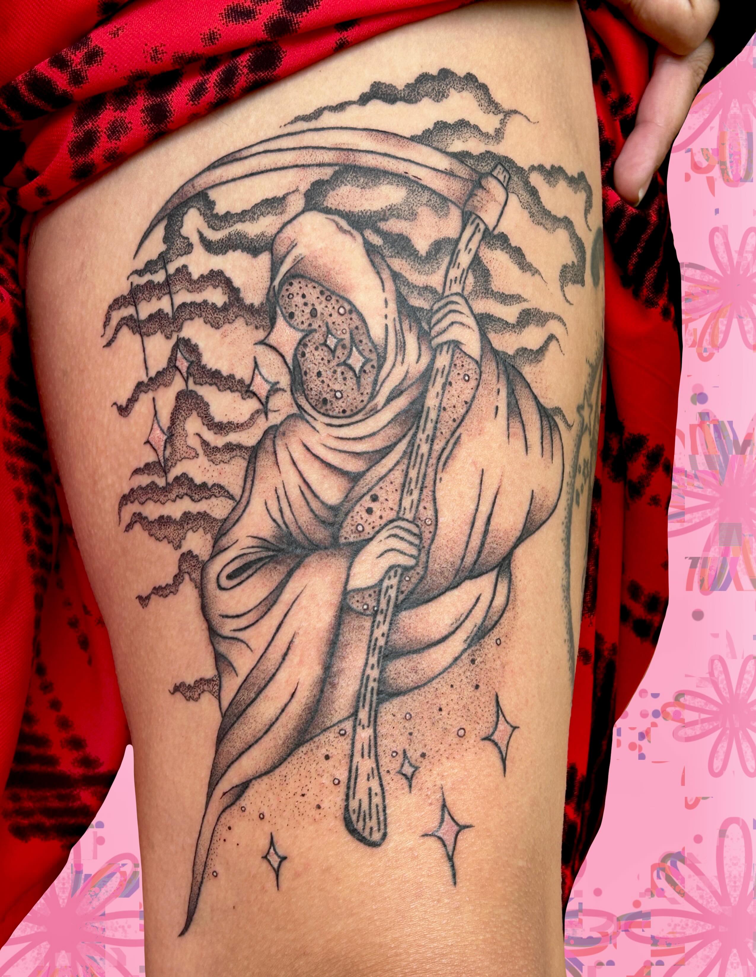Grim reaper dotwork tattoo on the thigh by ❆ minneapolis tattoo artist ❆